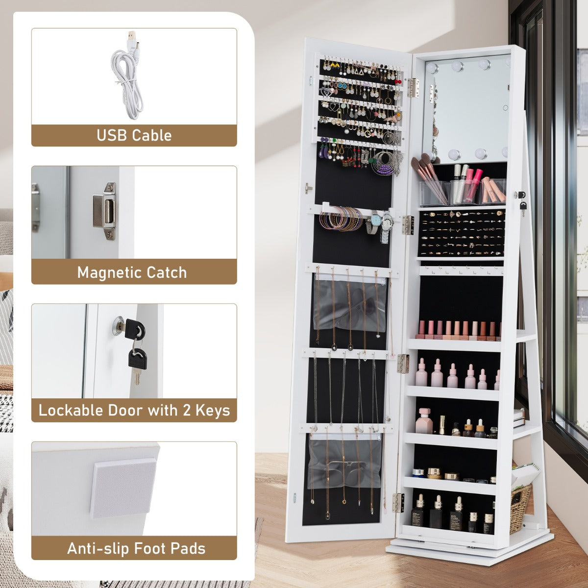 LIVSK Draaibare Sieradenkast 3-in-1 - Passpiegel en Organizer - 360° Draaifunctie - Verlichte Spiegel - Rustiek bruin / wit