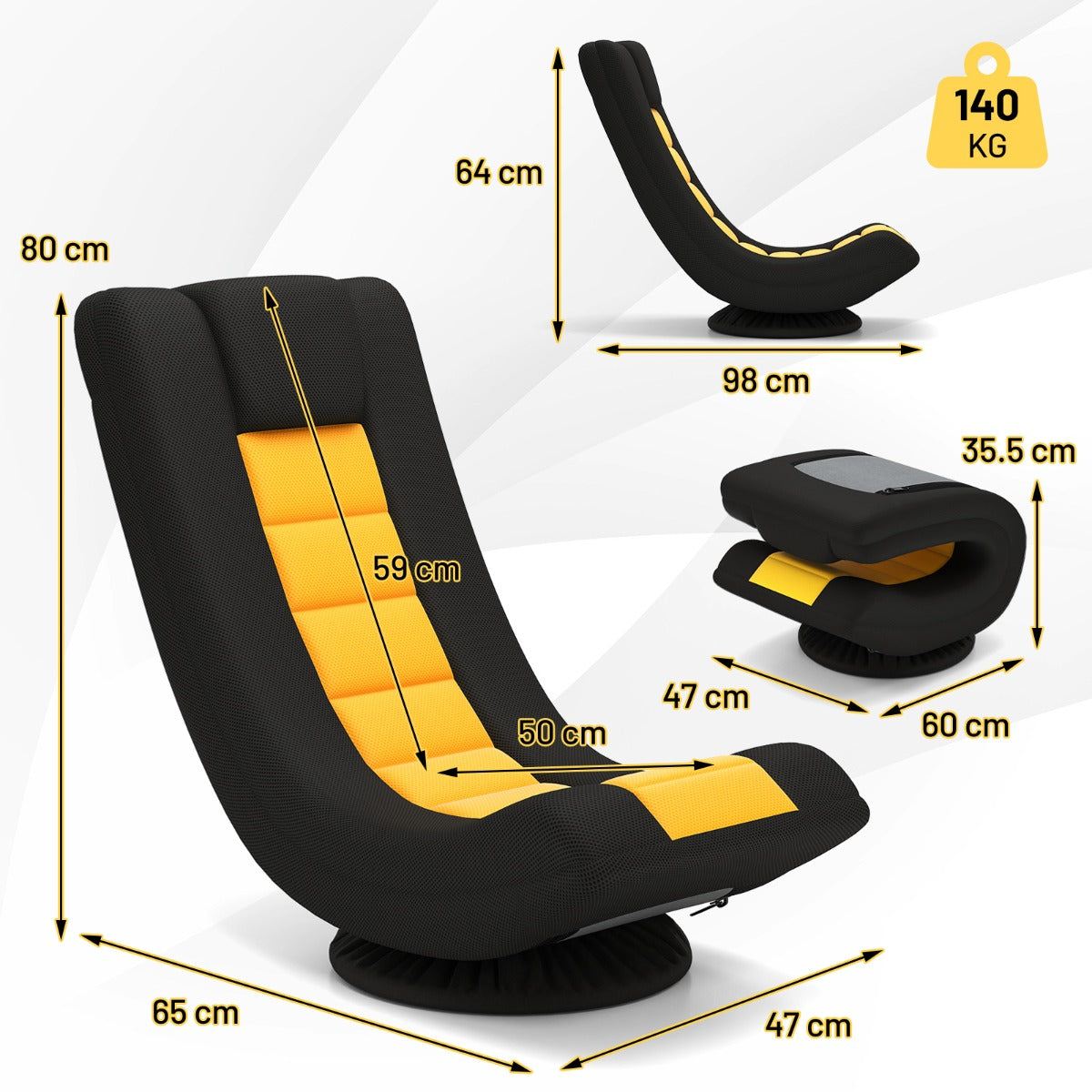 LIVSK Draaibare Opklapbare Vloerstoel - 4 Verstelbare Posities - 360° Draaivoet - Ergonomisch - Zwart + Geel