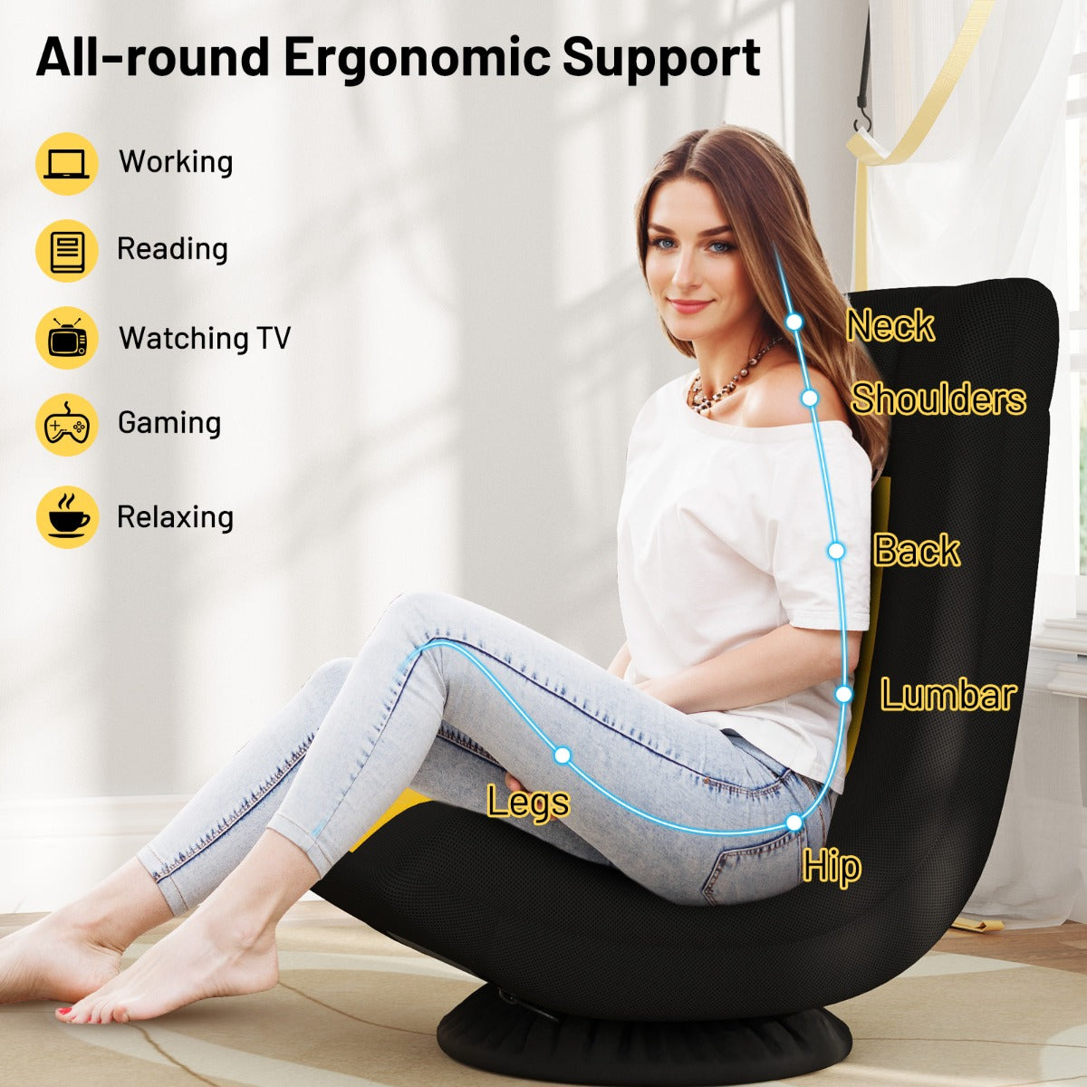 LIVSK Draaibare Opklapbare Vloerstoel - 4 Verstelbare Posities - 360° Draaivoet - Ergonomisch - Zwart + Geel