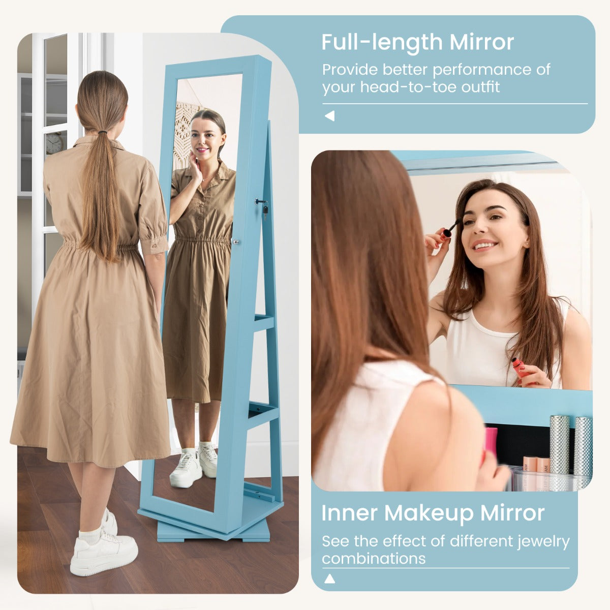 Livsk costway 360 roterende gespiegelde sieraden kast 2 in 1 afsluitbare sieraden organisator met volledige lengte spiegel 39 x 39 x 161 cm blauw 5