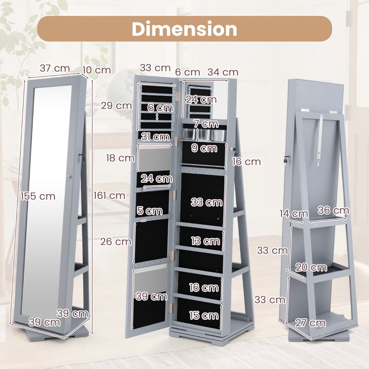 Livsk costway 360 roterende gespiegelde sieraden kast 2 in 1 afsluitbare sieraden organisator met volledige lengte spiegel 39 x 39 x 161 cm grijs 1 1