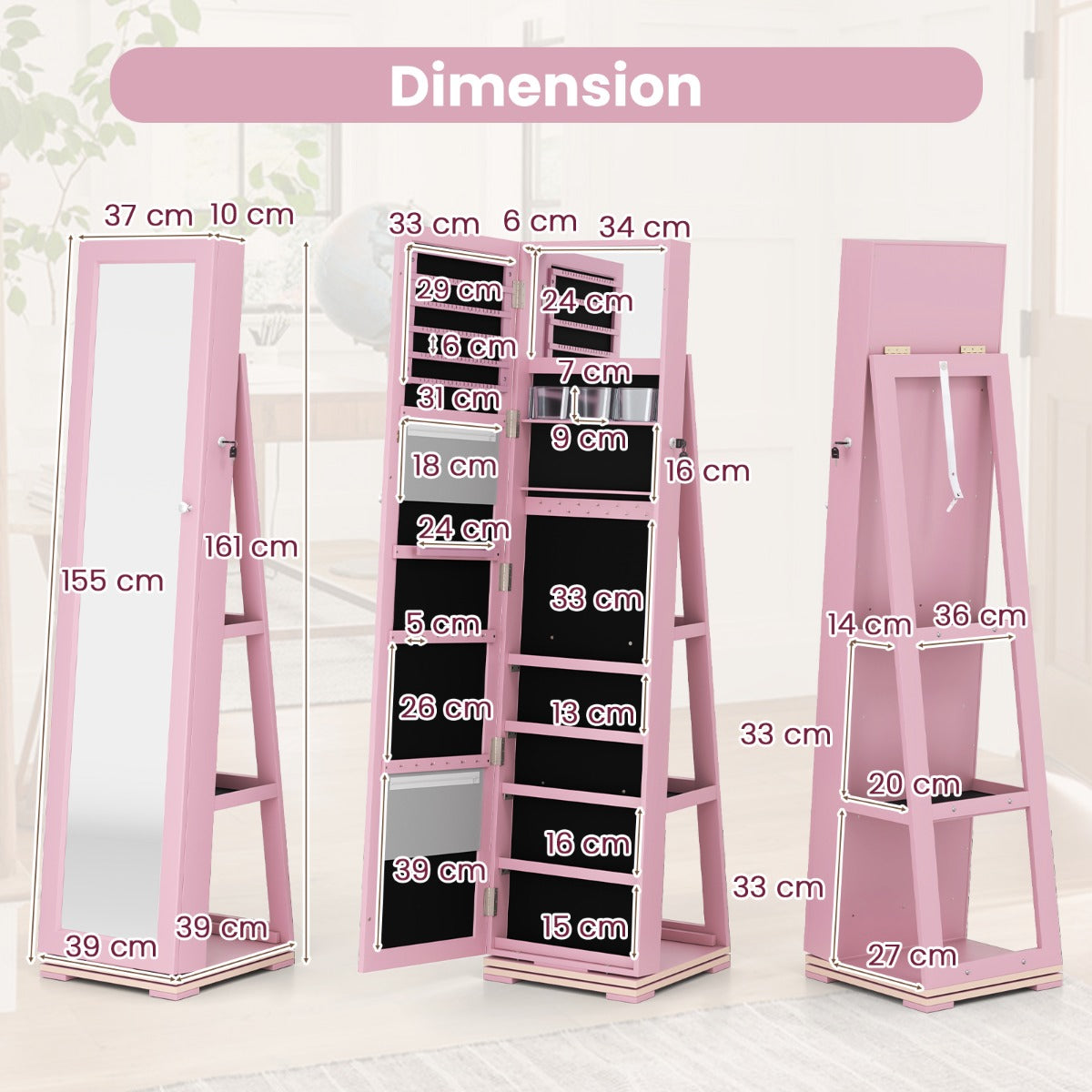 Livsk costway 360 roterende gespiegelde sieraden kast 2 in 1 afsluitbare sieraden organisator met volledige lengte spiegel 39 x 39 x 161 cm roze 1 1