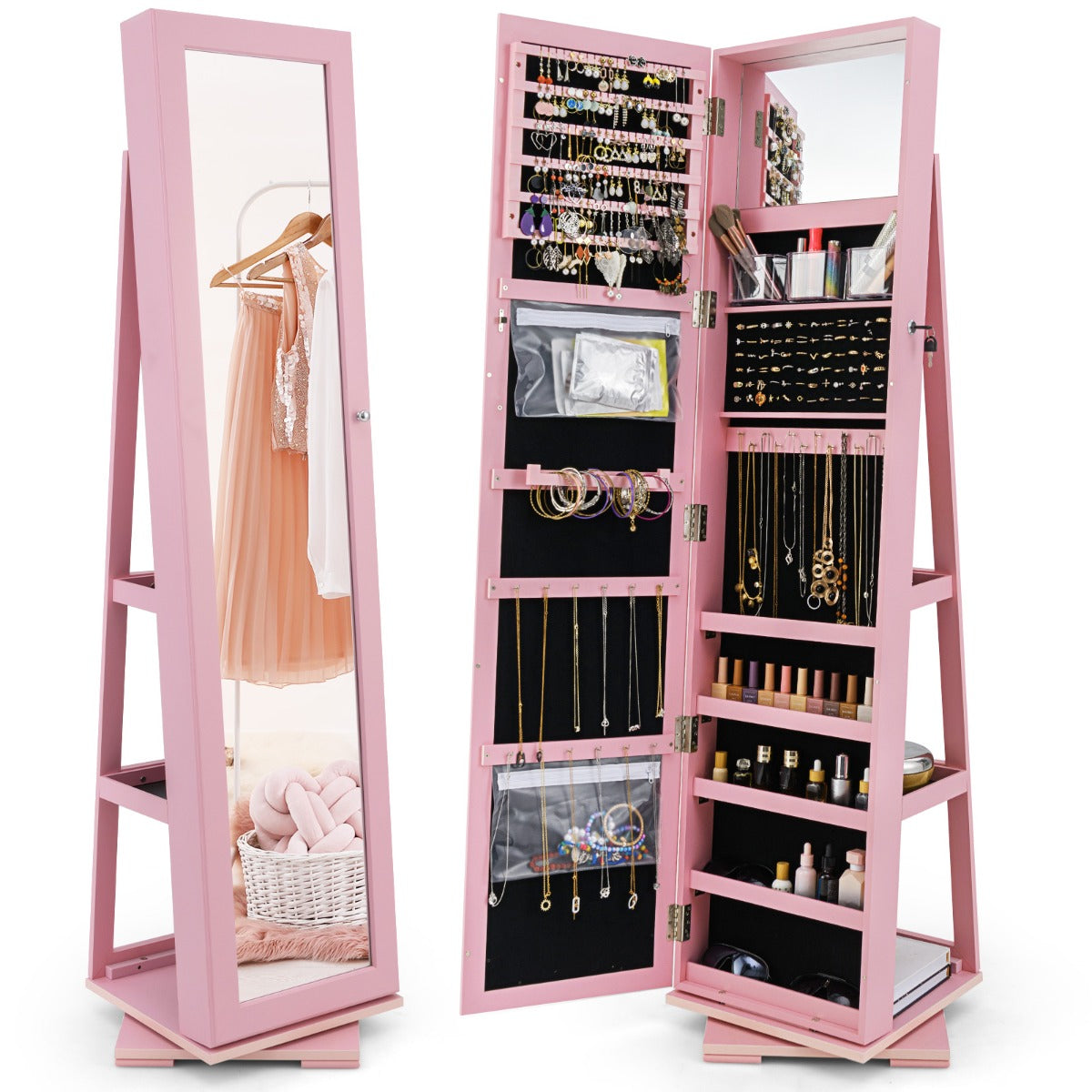 Livsk costway 360 roterende gespiegelde sieraden kast 2 in 1 afsluitbare sieraden organisator met volledige lengte spiegel 39 x 39 x 161 cm roze