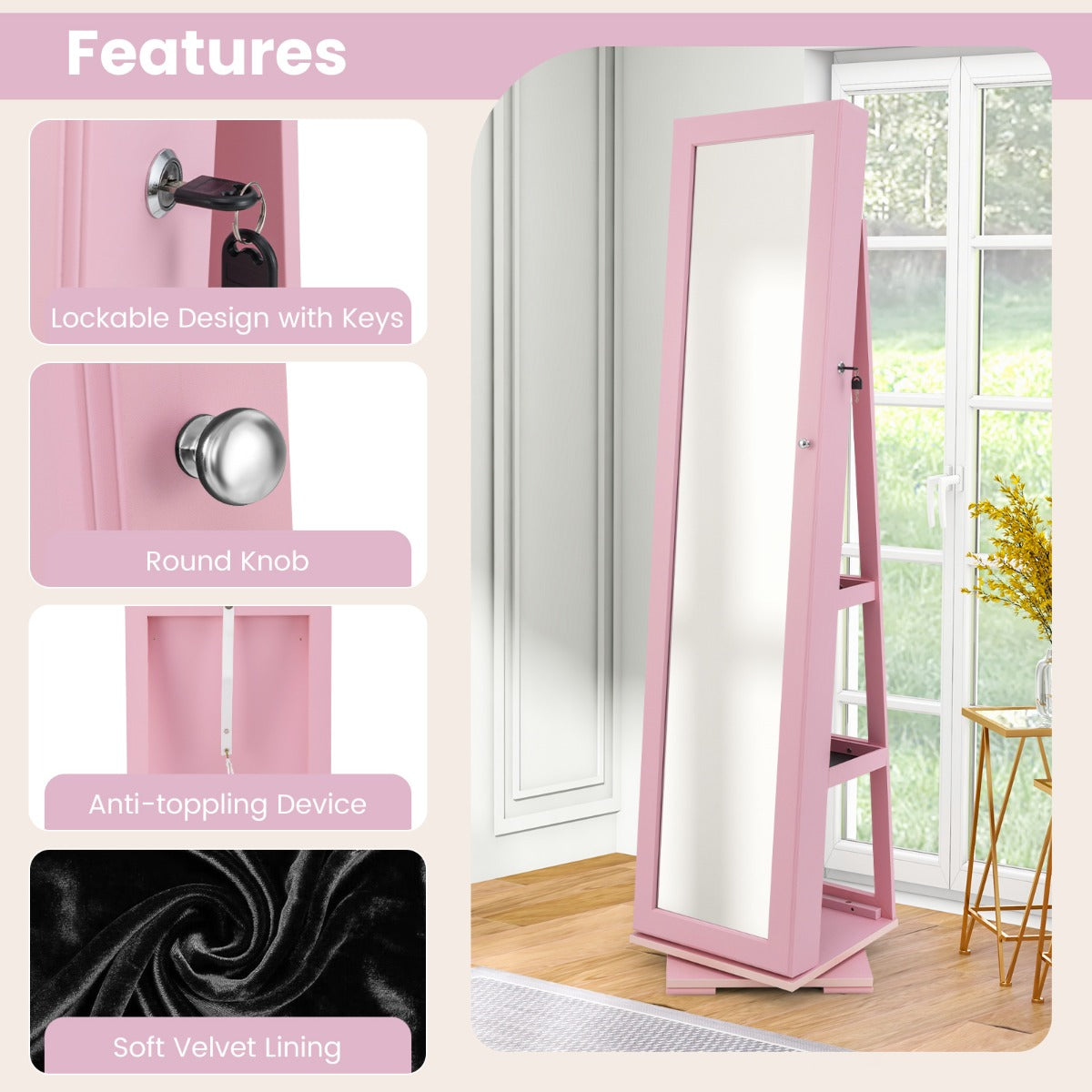 Livsk costway 360 roterende gespiegelde sieraden kast 2 in 1 afsluitbare sieraden organisator met volledige lengte spiegel 39 x 39 x 161 cm roze 3