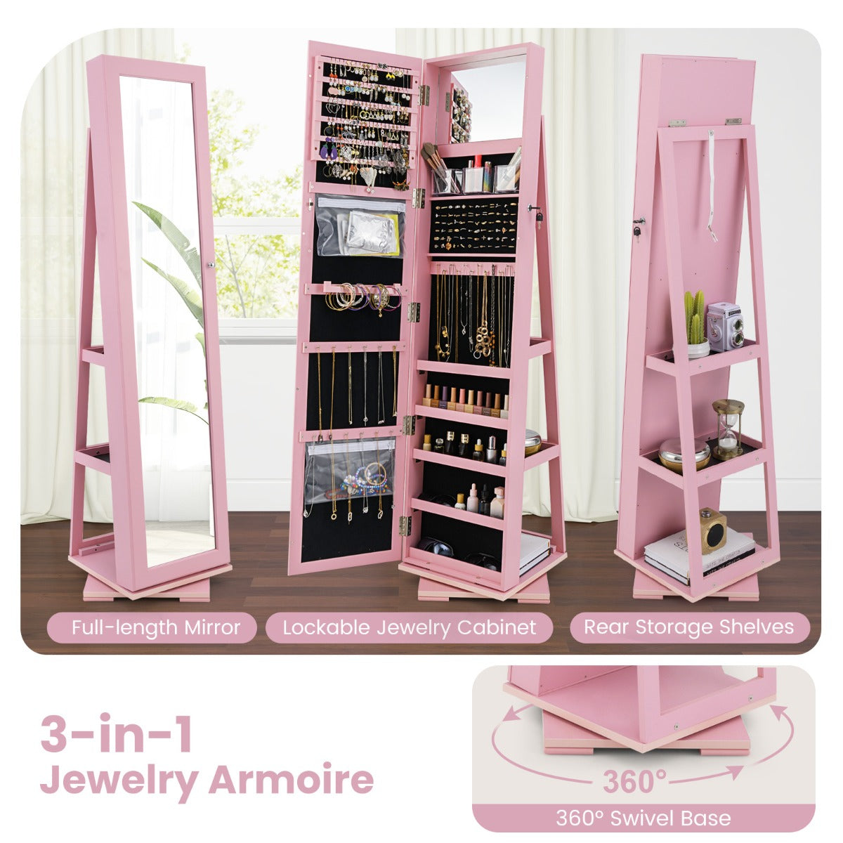 Livsk costway 360 roterende gespiegelde sieraden kast 2 in 1 afsluitbare sieraden organisator met volledige lengte spiegel 39 x 39 x 161 cm roze 4