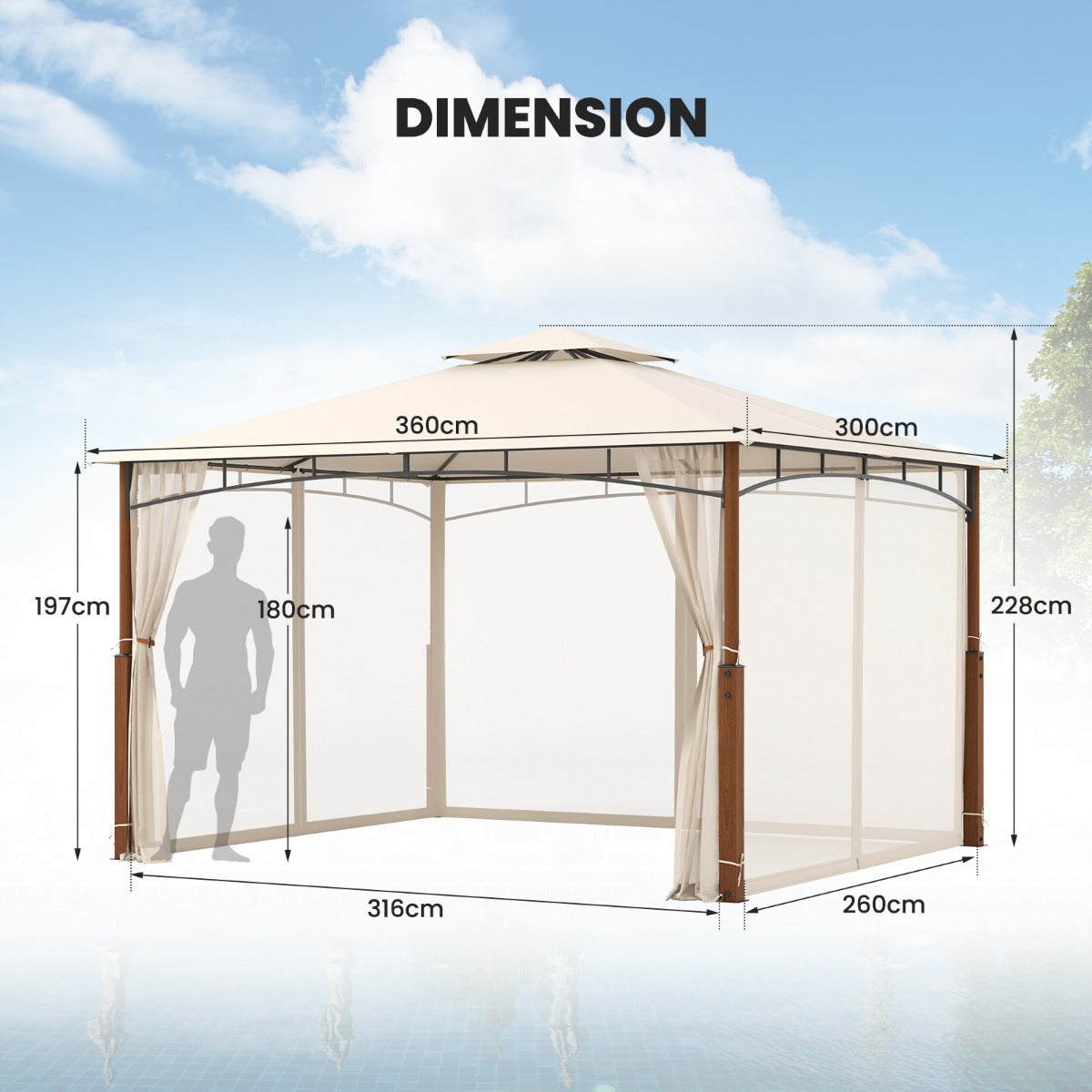 LIVSK Buitenpaviljoen met Muggennet - Waterdicht - Eenvoudige Montage - Stevig Metaal - 316 x 260 x 228 cm - Beige+Natuurlijk