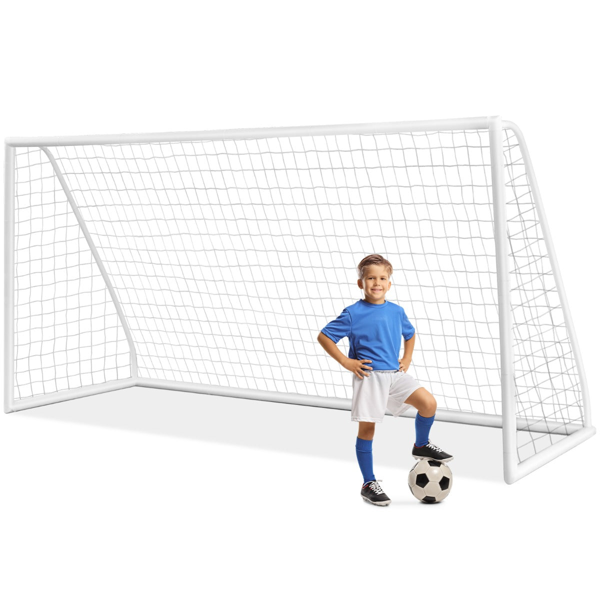 LIVSK Draagbaar Voetbaldoel - Weerbestendig PE-net - Eenvoudige Montage - 6 Grondpennen - 365 x 120 x 182 cm - Wit