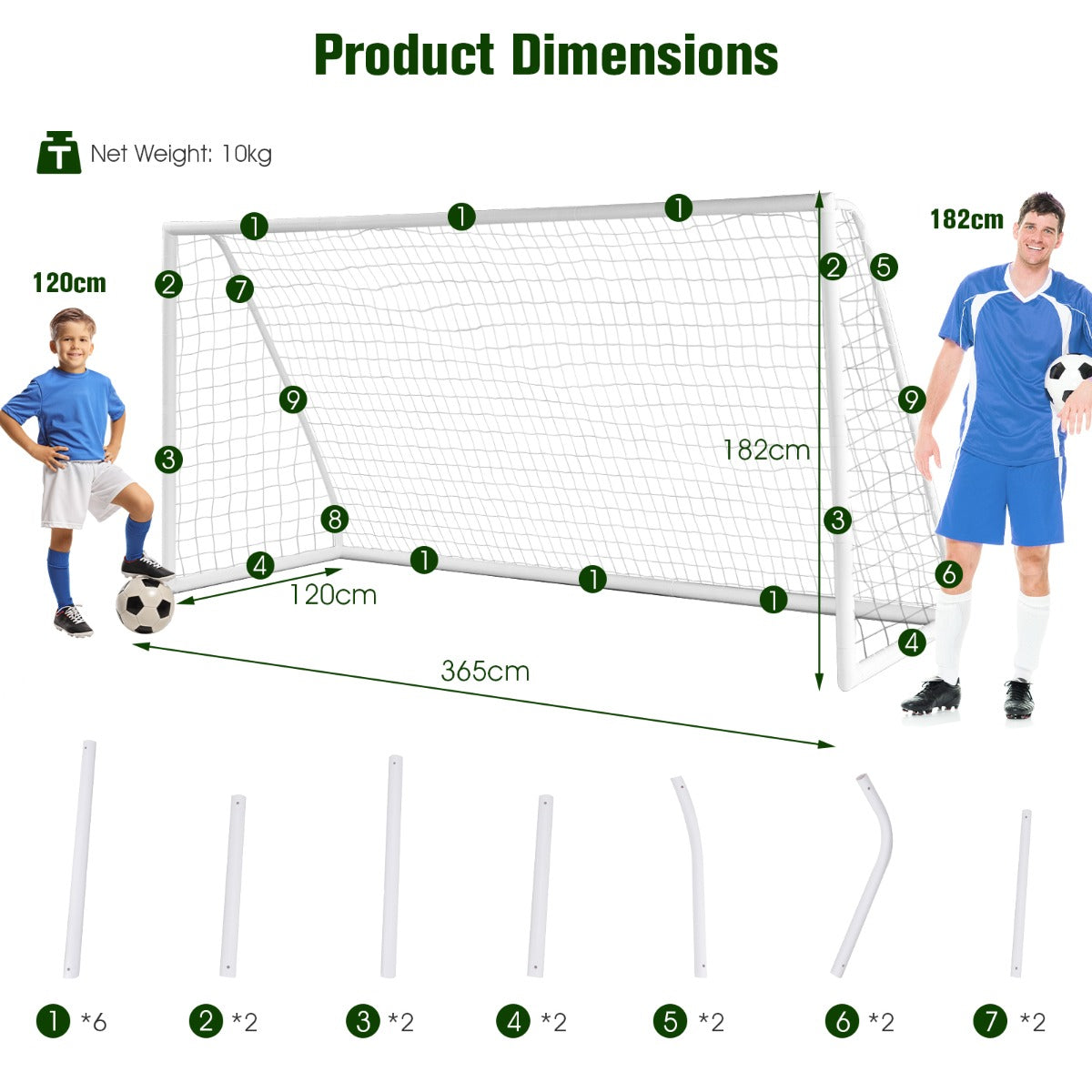 LIVSK Draagbaar Voetbaldoel - Weerbestendig PE-net - Eenvoudige Montage - 6 Grondpennen - 365 x 120 x 182 cm - Wit