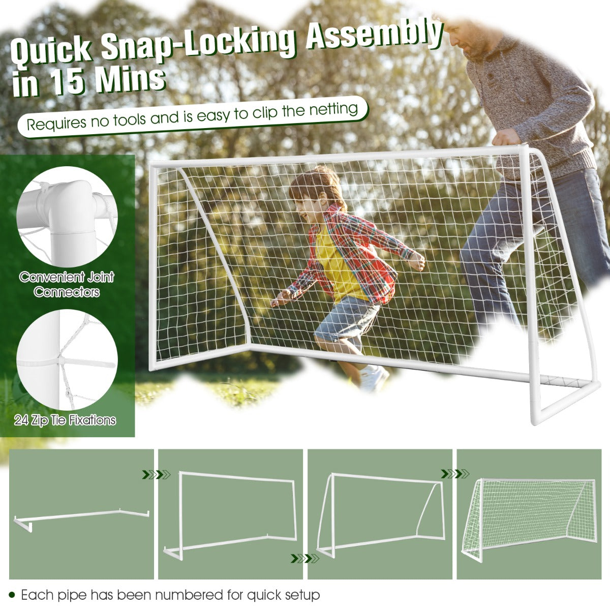LIVSK Draagbaar Voetbaldoel - Weerbestendig PE-net - Eenvoudige Montage - 6 Grondpennen - 365 x 120 x 182 cm - Wit