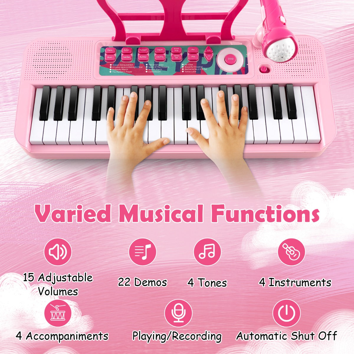 LIVSK 37-toetsen Kinderpiano - Verstelbare Microfoon - 22 Demo's - 4 Instrumenten - 2-in-1 Ontwerp - Blauw/Zwart/Roze