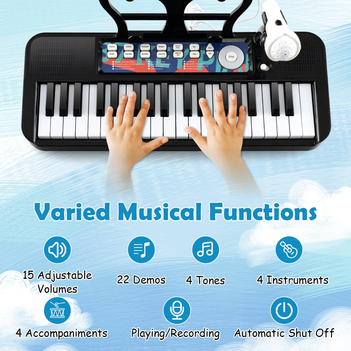 LIVSK 37-toetsen pianoklavierset - Verstelbare microfoon - 22 demo's - 4 instrumenten - 2-in-1 ontwerp - Blauw/Zwart/Roze