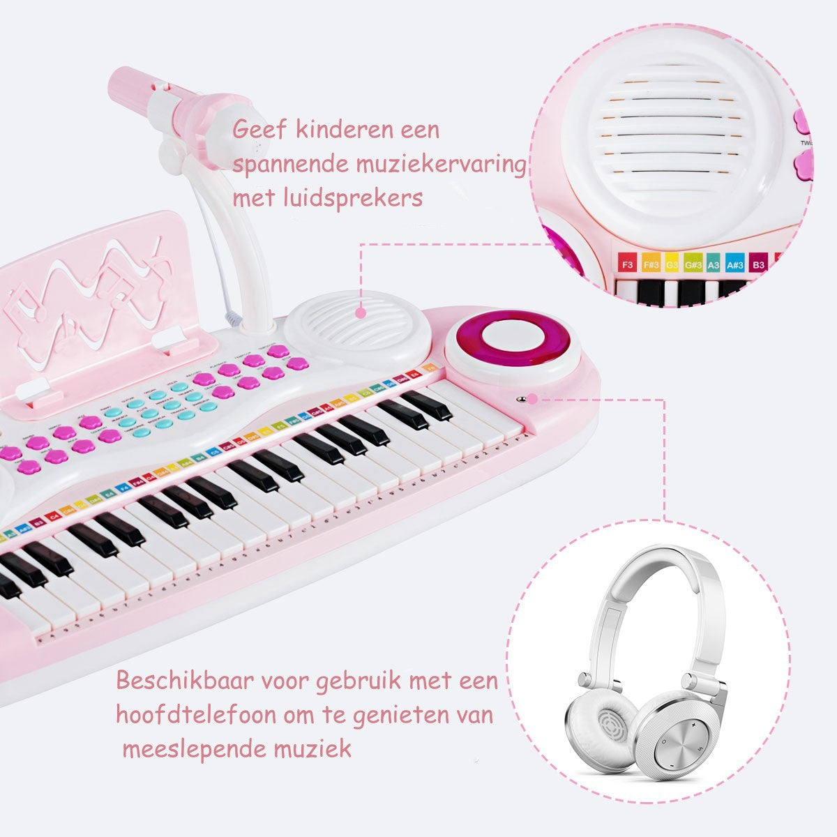 LIVSK Kinderpiano - 27 Toetsen - 8 Ritmes en Instrumenten - Inclusief Microfoon - Verbinding met Telefoon - Roze