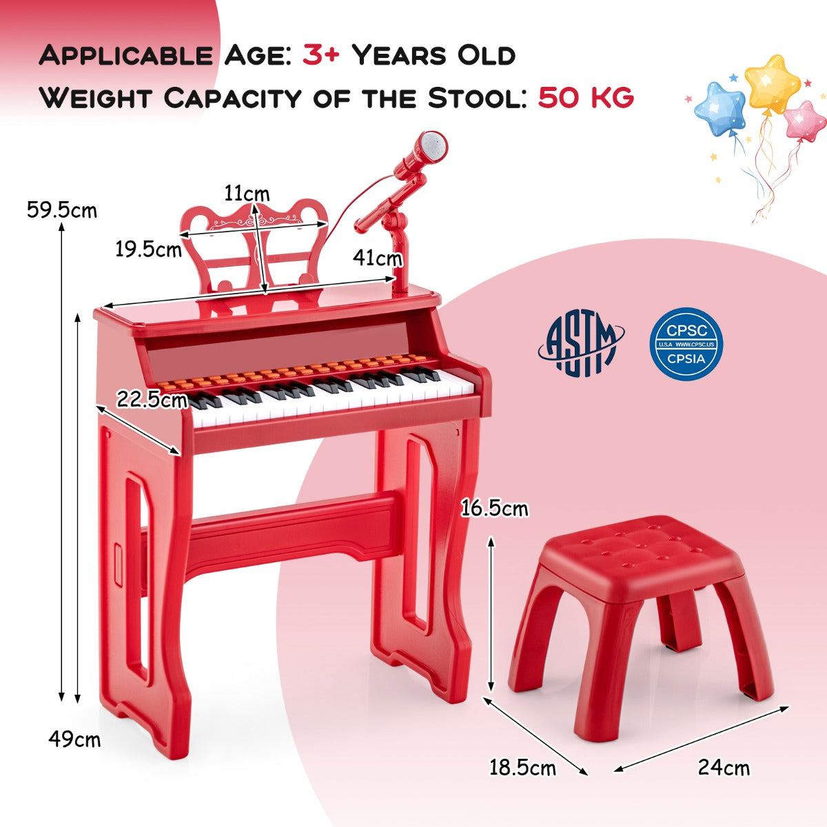 LIVSK Kinderpiano - 37 Toetsen - Inclusief Microfoon en Bladmuziekstandaard - Veilig en Duurzaam - Rood