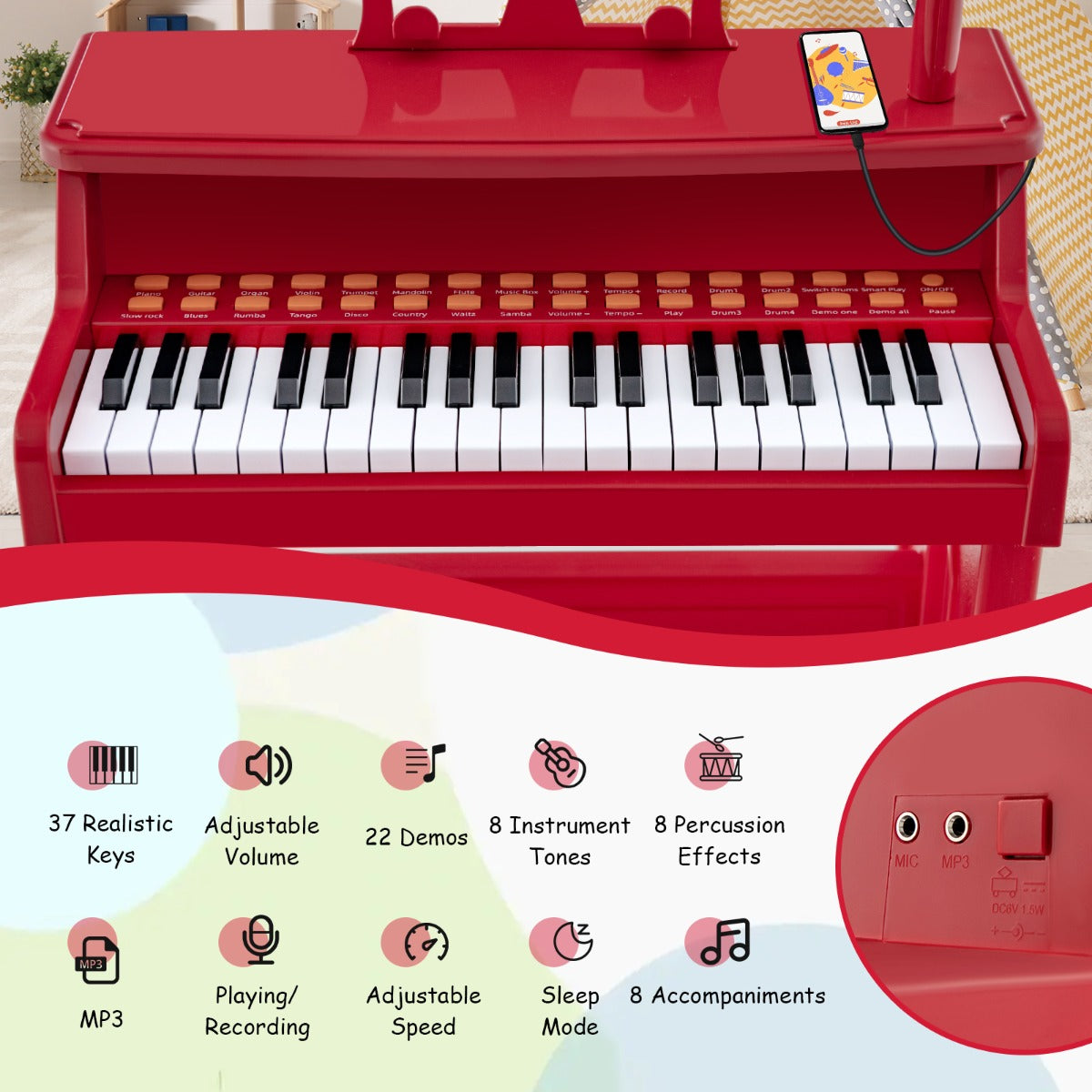LIVSK Kinderpiano - 37 Toetsen - Inclusief Microfoon en Bladmuziekstandaard - Veilig en Duurzaam - Rood
