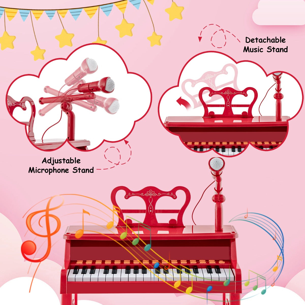 LIVSK Kinderpiano - 37 Toetsen - Inclusief Microfoon en Bladmuziekstandaard - Veilig en Duurzaam - Rood
