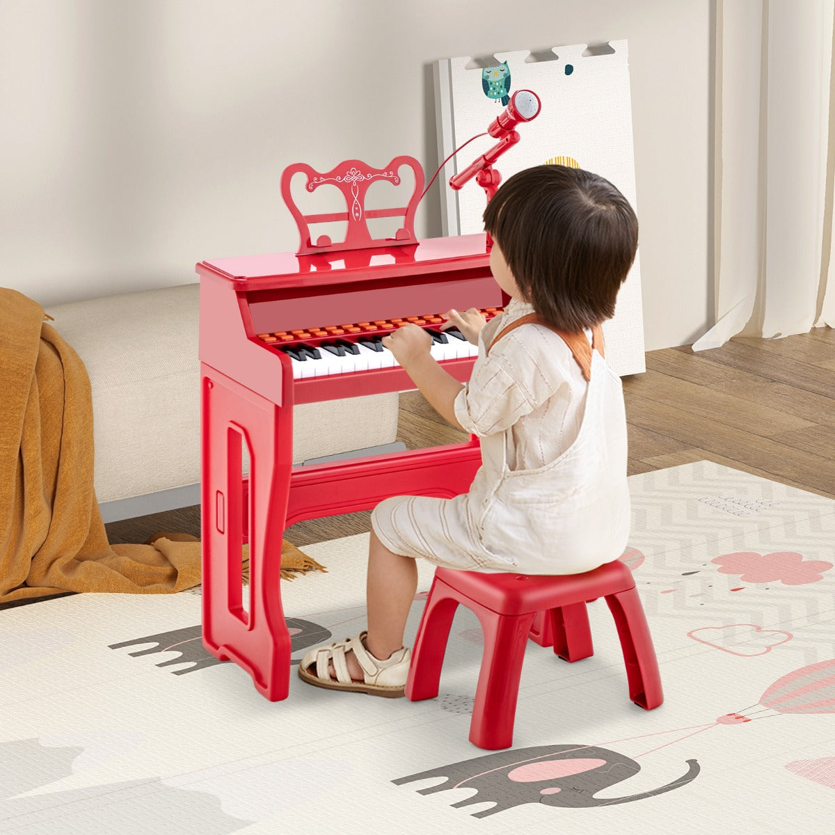 LIVSK Kinderpiano - 37 Toetsen - Inclusief Microfoon en Bladmuziekstandaard - Veilig en Duurzaam - Rood