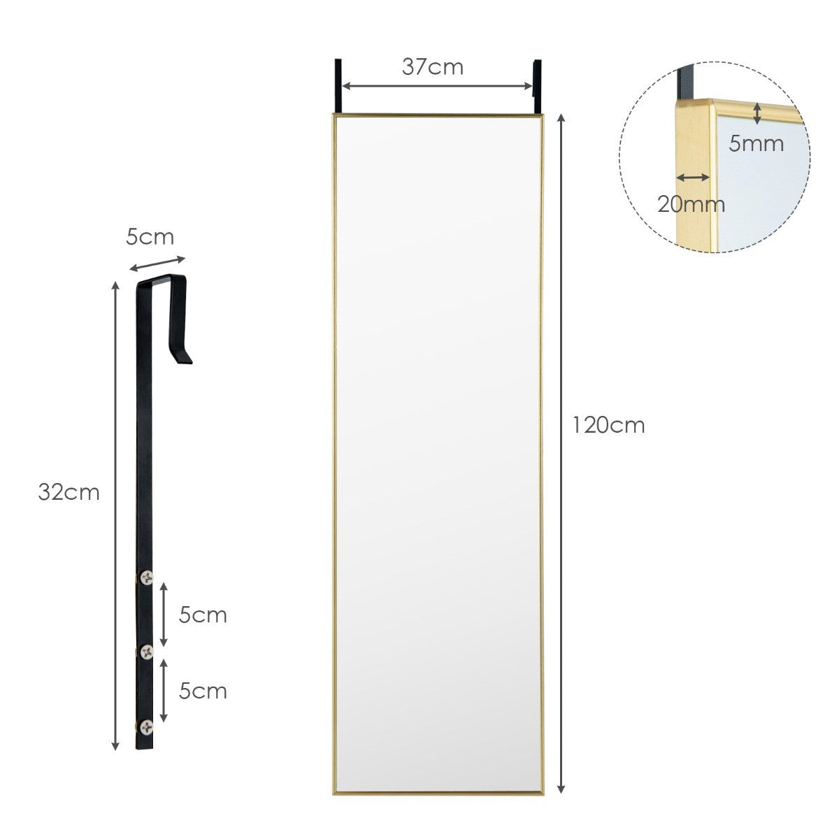 LIVSK Verstelbare Wandspiegel - Volledige Lengte - Aluminium Frame - HD-glas - 2 Ophangmethoden - 120 x 37 x 2 cm - Goudkleurig