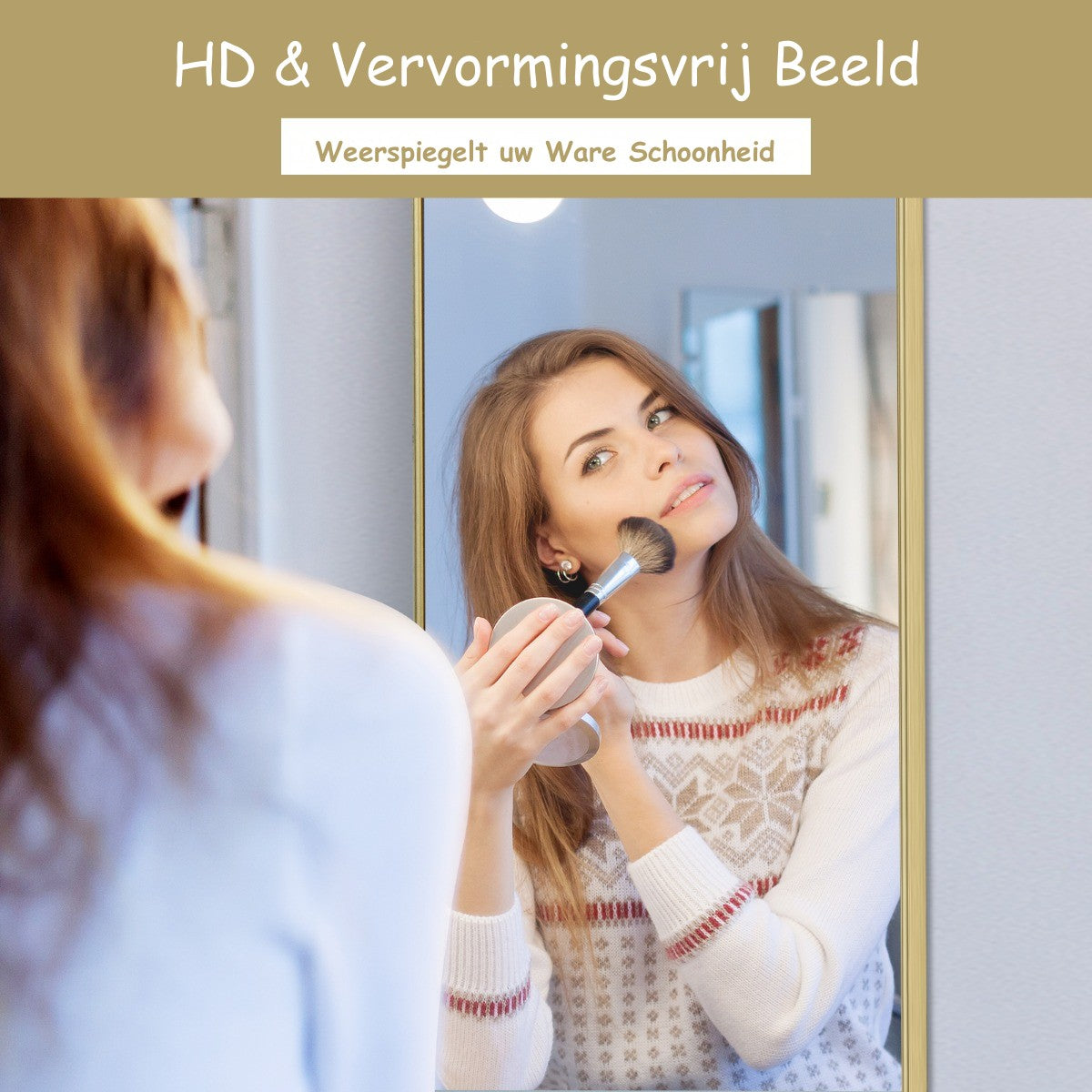 LIVSK Verstelbare Wandspiegel - Volledige Lengte - Aluminium Frame - HD-glas - 2 Ophangmethoden - 120 x 37 x 2 cm - Goudkleurig