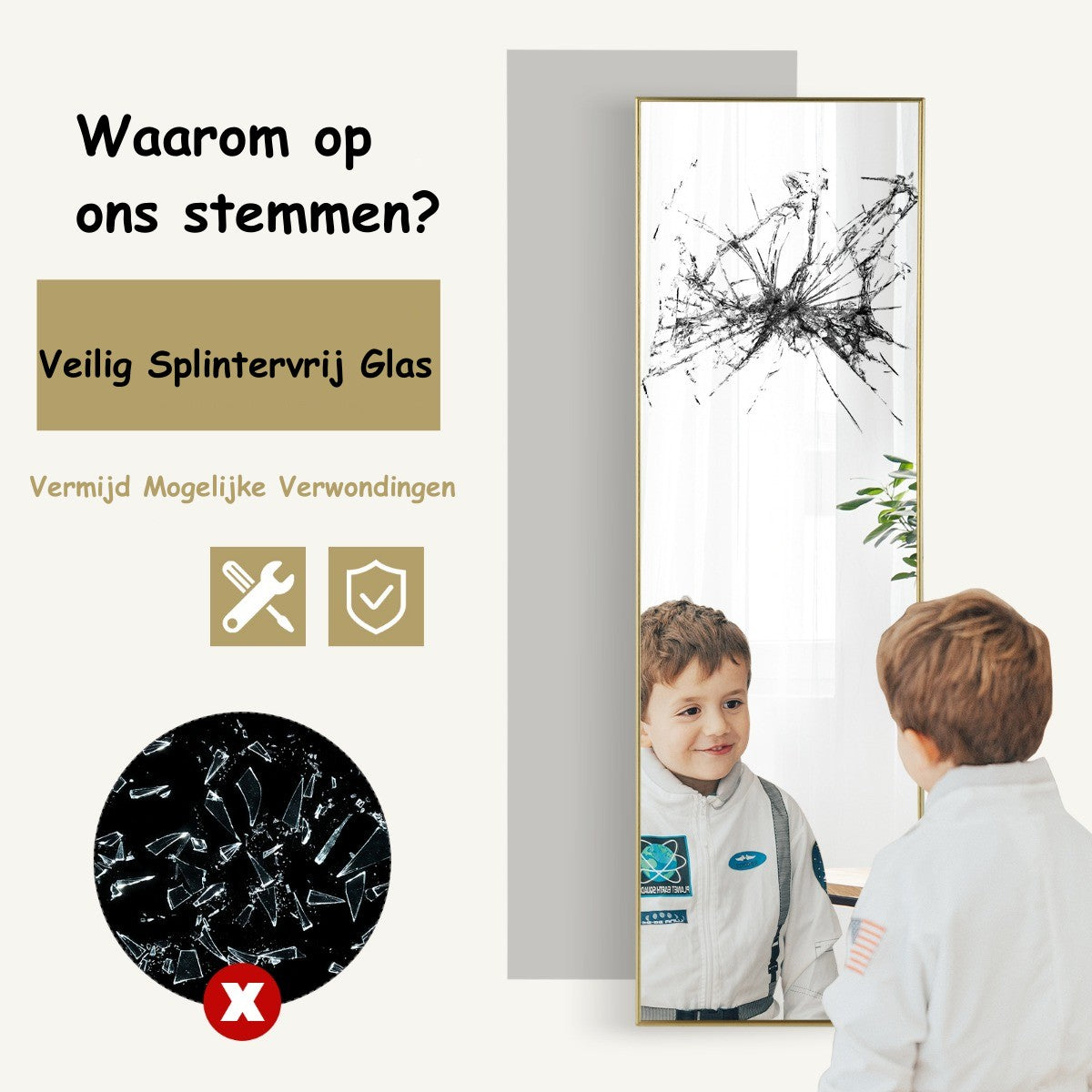 LIVSK Verstelbare Wandspiegel - Volledige Lengte - Aluminium Frame - HD-glas - 2 Ophangmethoden - 120 x 37 x 2 cm - Goudkleurig