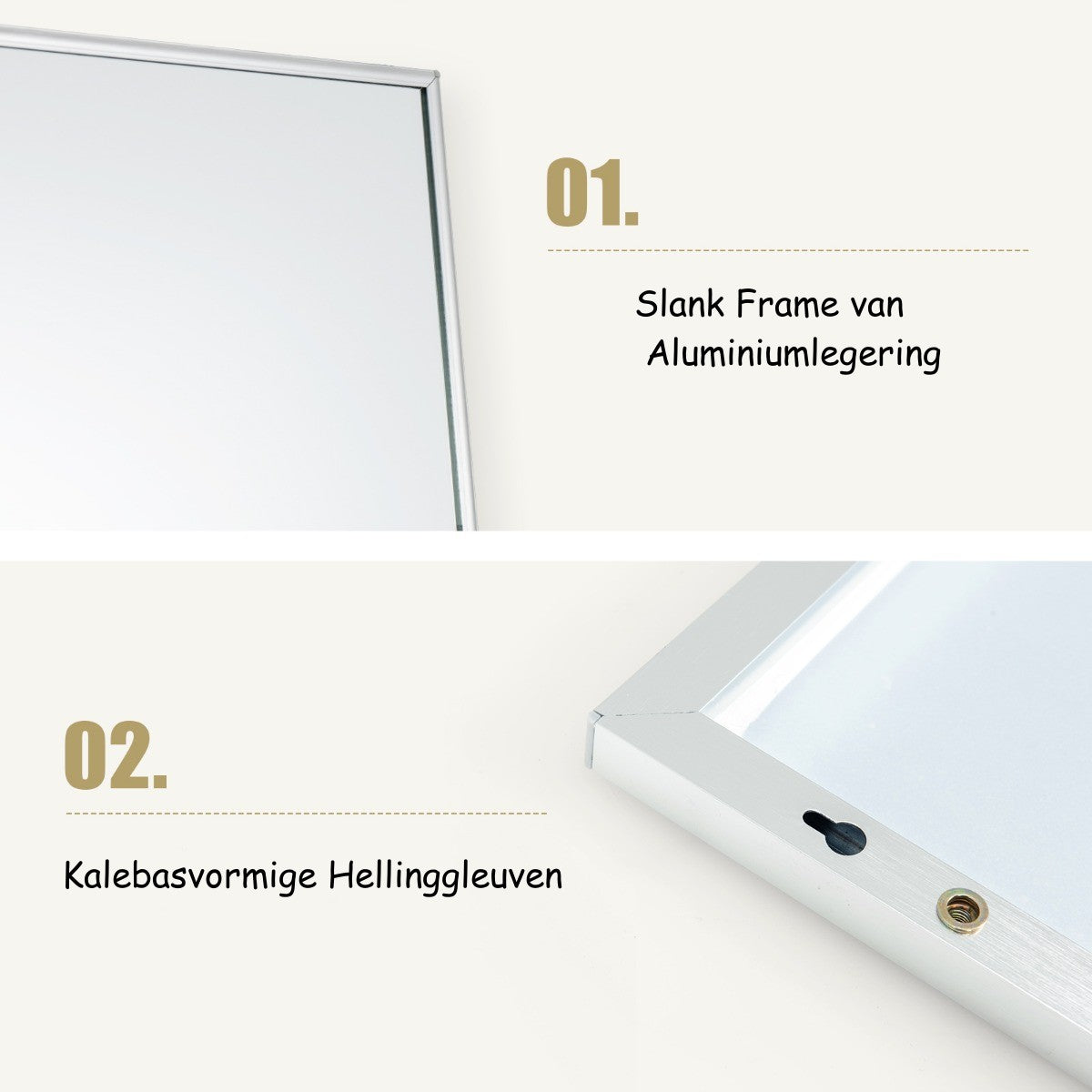 LIVSK Verstelbare Wandspiegel - Volledige Lengte met Twee Ophangmogelijkheden - Aluminium Frame - HD Antikras - Zilver