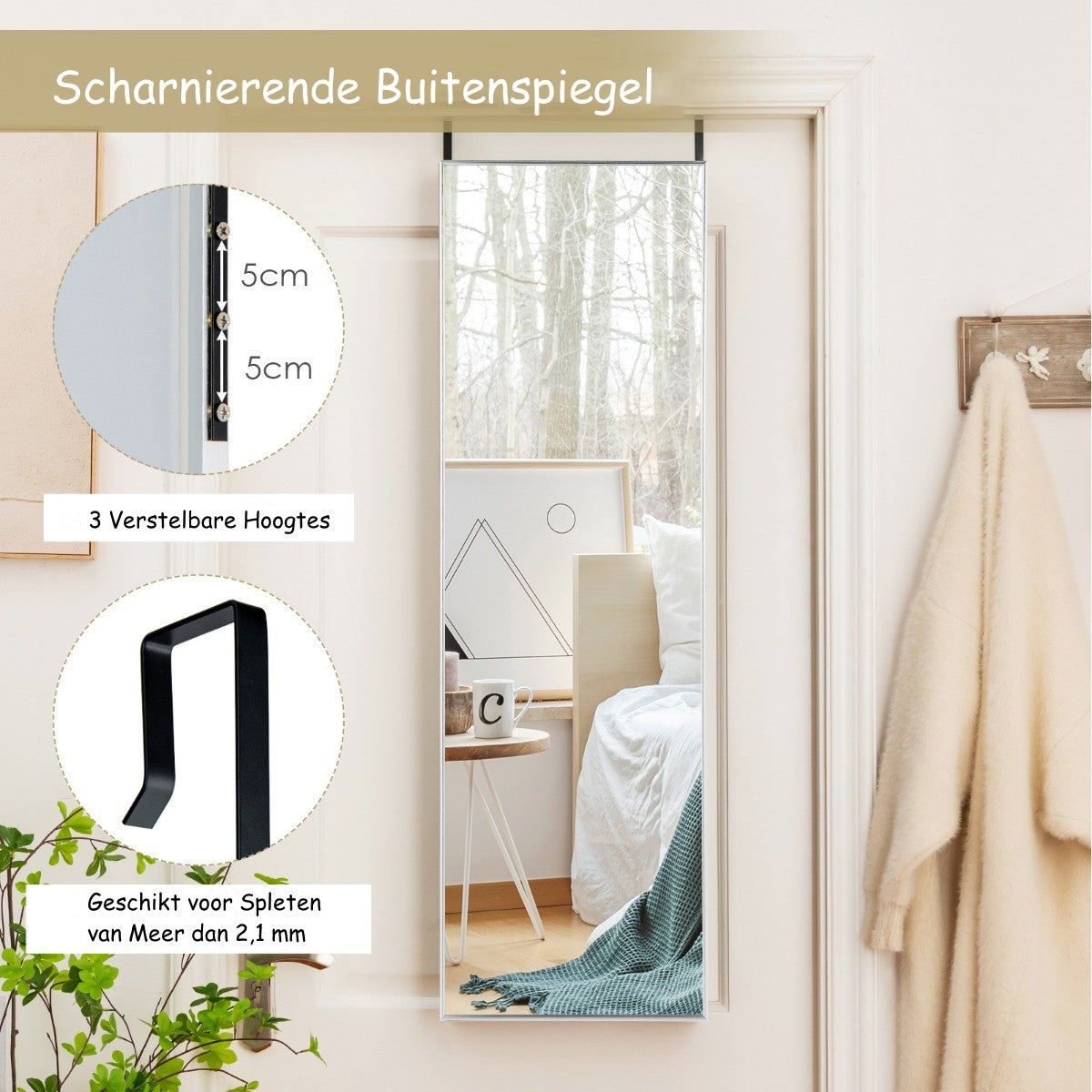 LIVSK Verstelbare Wandspiegel - Volledige Lengte met Twee Ophangmogelijkheden - Aluminium Frame - HD Antikras - Zilver