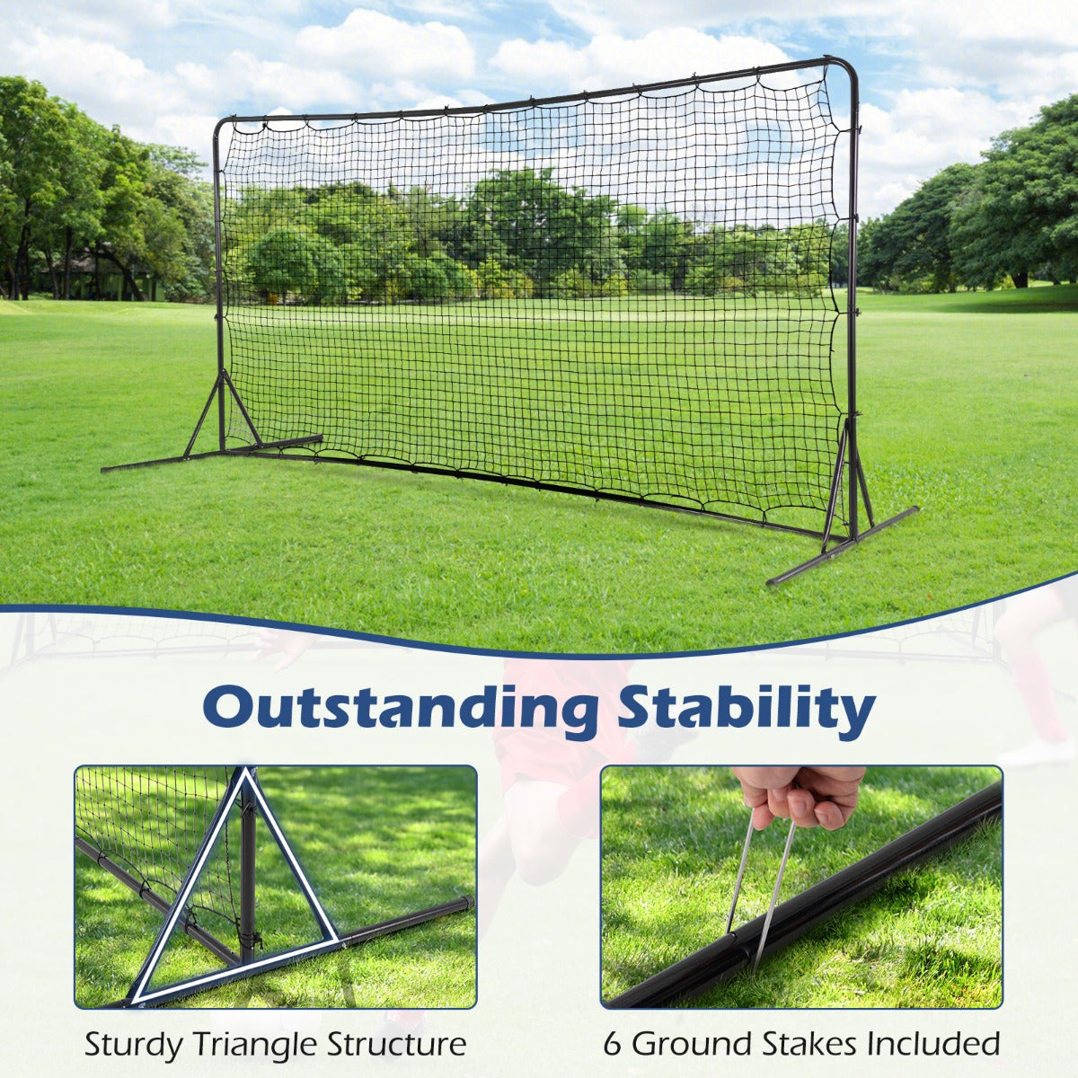 LIVSK Weerbestendig Voetbalnet - Rebound PP-net met Grondspikes - 372,5 x 182,5 cm - Voor Kinderen vanaf 6 jaar - Zwart