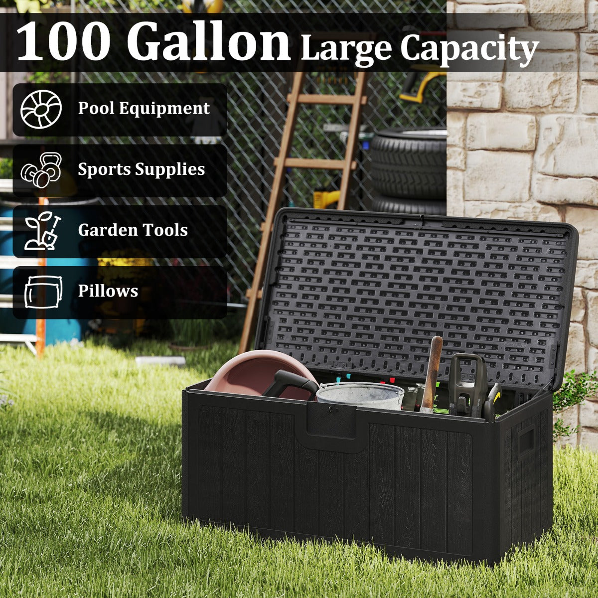 LIVSK Tuinbox 378L - Waterdicht en Duurzaam - Afsluitbaar met Gasveer - Ruimte voor Tuinaccessoires - 130 x 64 x 59 cm - Zwart