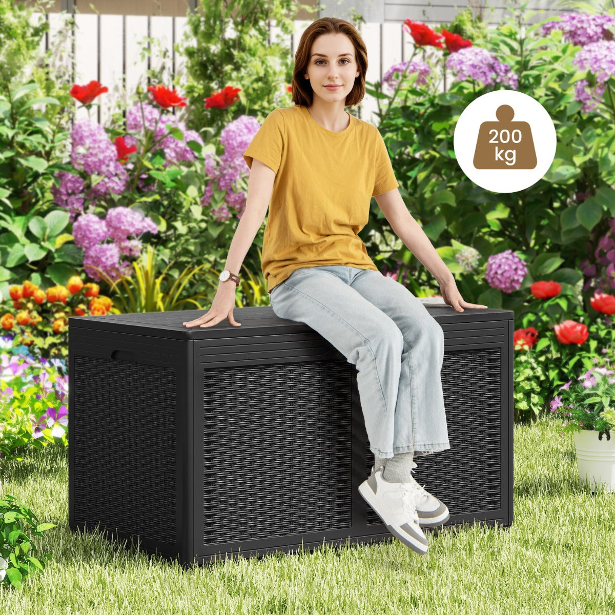 LIVSK Terrasbox op Wielen - 380L Inhoud - Waterdicht PP-hars - Soft-Close Deksel - Draagvermogen 200 kg - Zwart