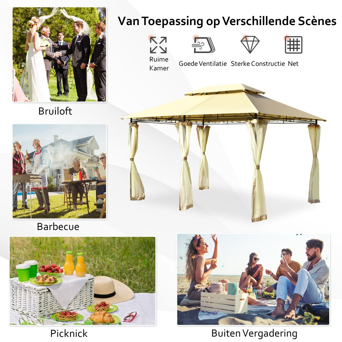 LIVSK Verwijderbaar Tuinhuisje Buitentent - Stalen Frame - Zonbestendig Polyester - 6 Gaasnetten - Eenvoudige Installatie - Beige