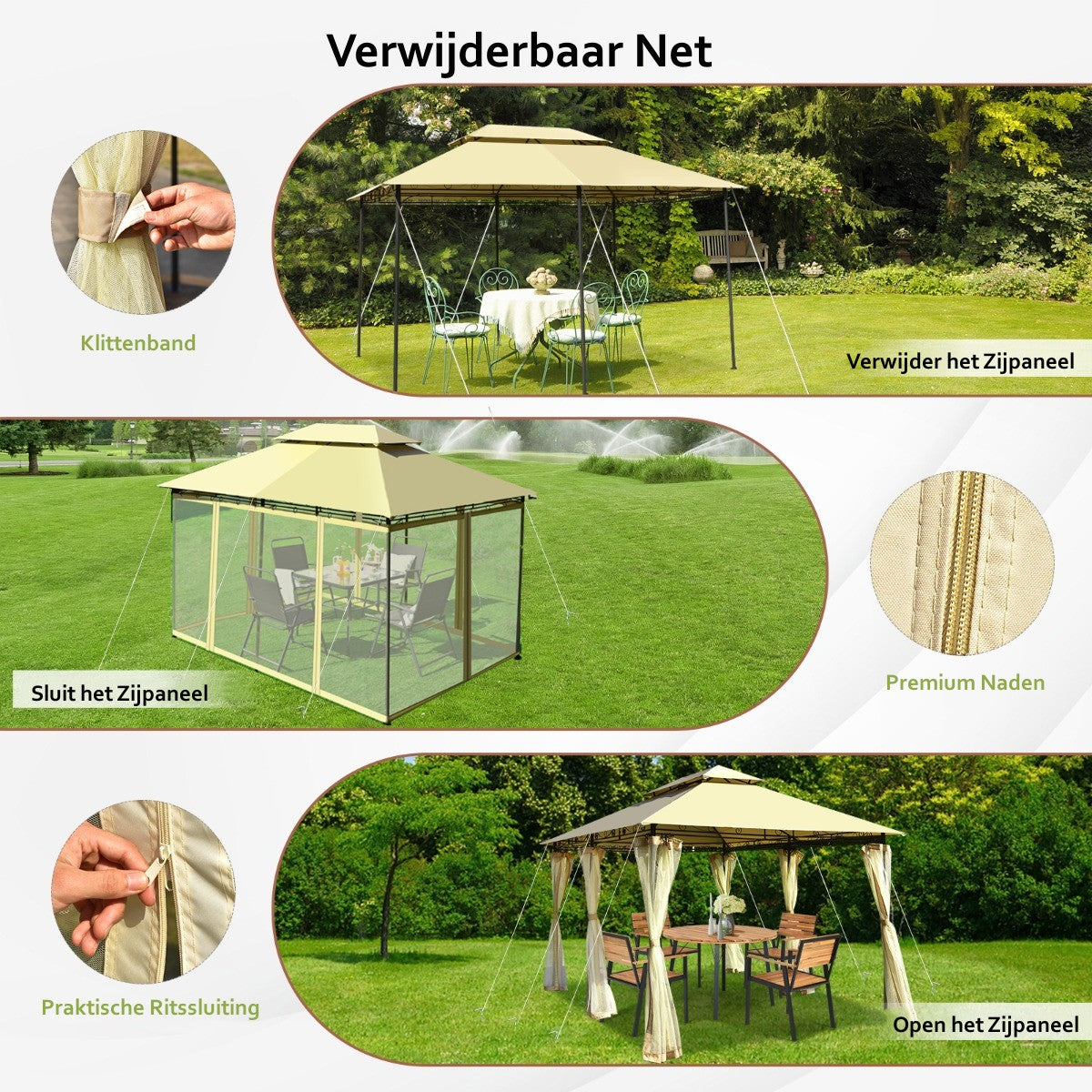 LIVSK Verwijderbaar Tuinhuisje Buitentent - Stalen Frame - Zonbestendig Polyester - 6 Gaasnetten - Eenvoudige Installatie - Beige