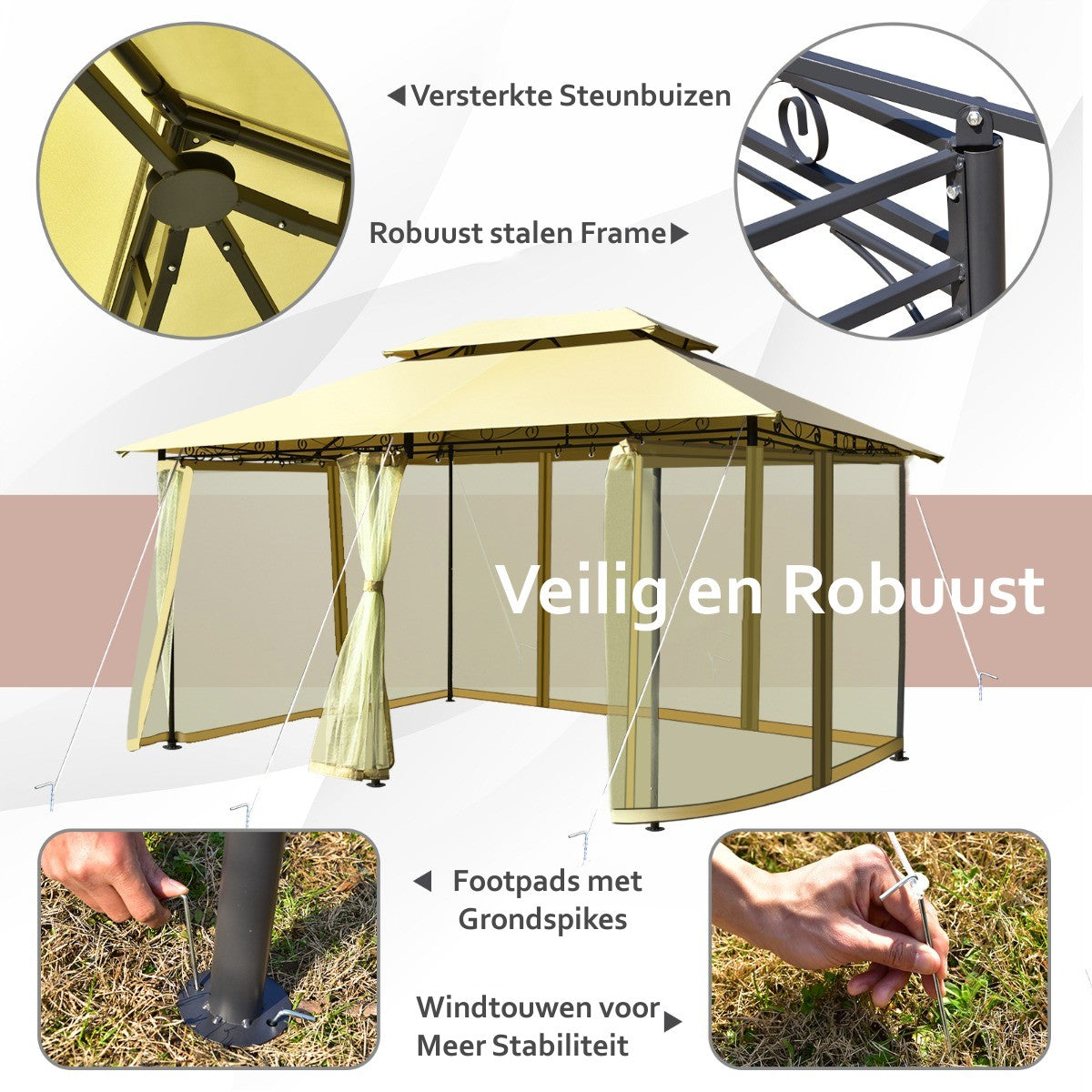 LIVSK Verwijderbaar Tuinhuisje Buitentent - Stalen Frame - Zonbestendig Polyester - 6 Gaasnetten - Eenvoudige Installatie - Beige