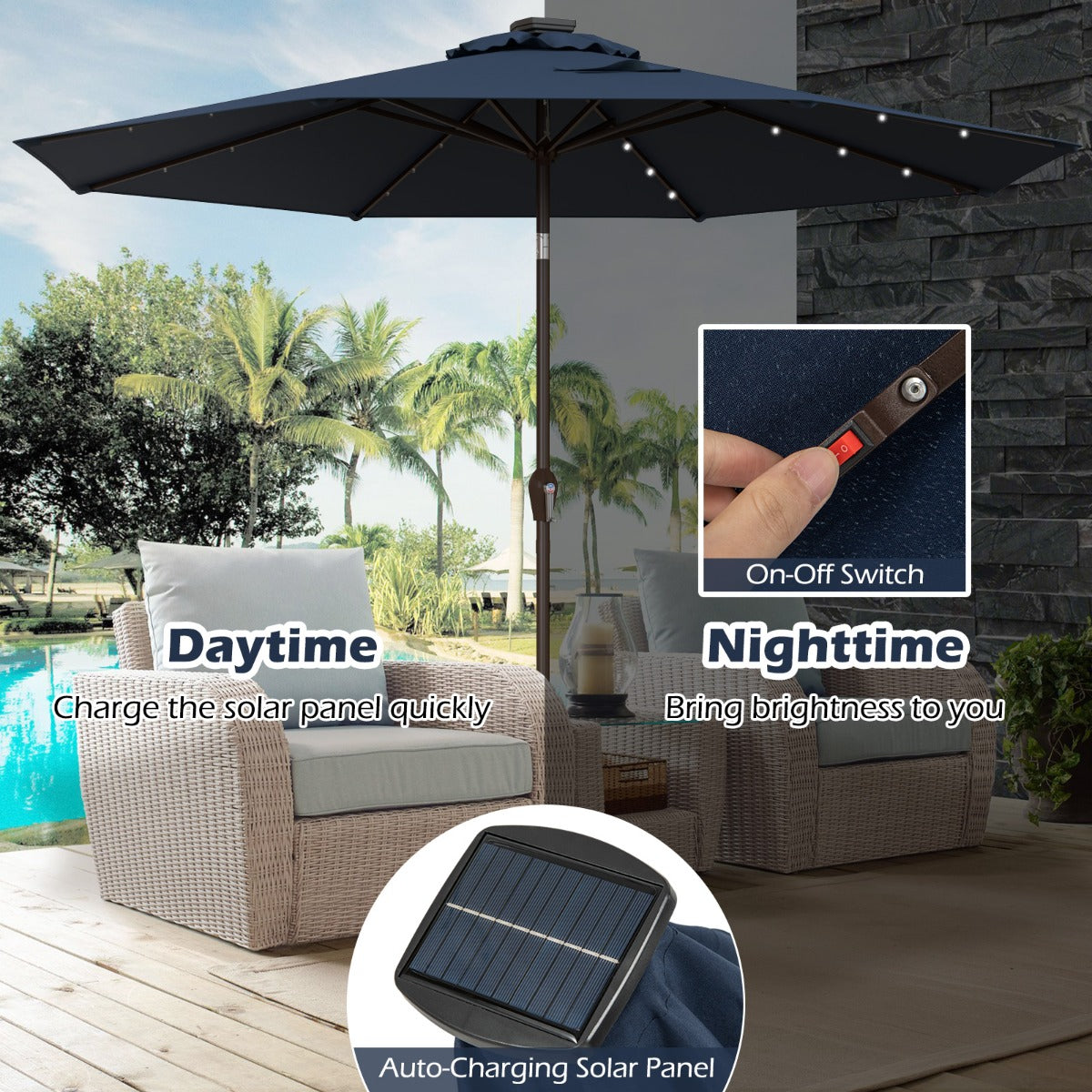 LIVSK Tuinparasol met Verlichting - 3 Meter - Kantelmechanisme - Zonne-energie - LED-verlichting - Wijnrood