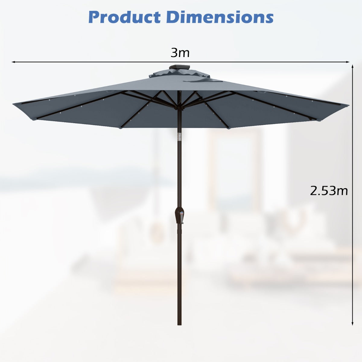 LIVSK 3M Zonnescherm Parasol met Verlichting - UV-Bescherming - Kantelbaar - Eenvoudig te Gebruiken - Inclusief Zonnepaneel -