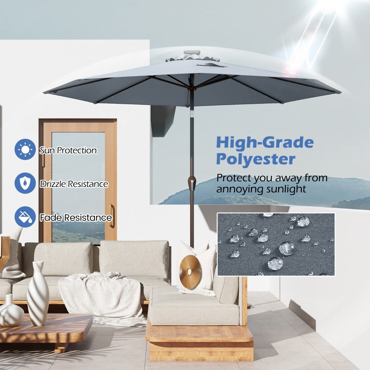 LIVSK 3M Zonnescherm Parasol met Verlichting - UV-Bescherming - Kantelbaar - Eenvoudig te Gebruiken - Inclusief Zonnepaneel -