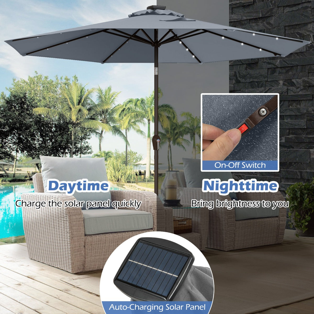 LIVSK 3M Zonnescherm Parasol met Verlichting - UV-Bescherming - Kantelbaar - Eenvoudig te Gebruiken - Inclusief Zonnepaneel -