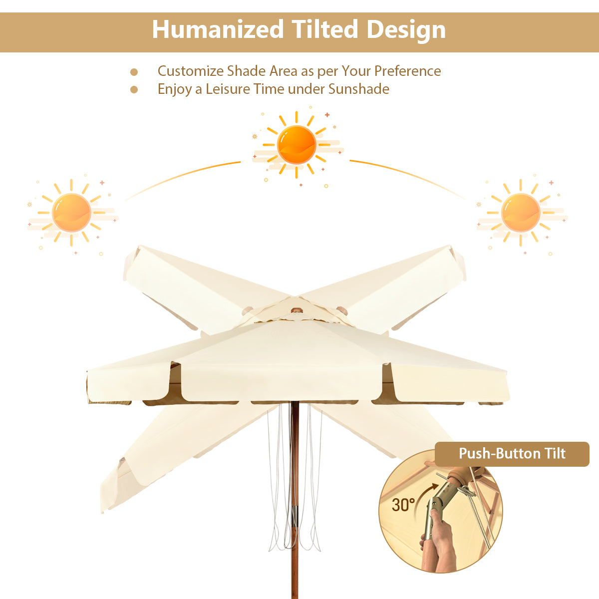 LIVSK Tilbare Terras Parasol - Handmatig Kantelmechanisme - UV-Bescherming - Eenvoudige Montage - 300 x 300 x 253 cm - Beige