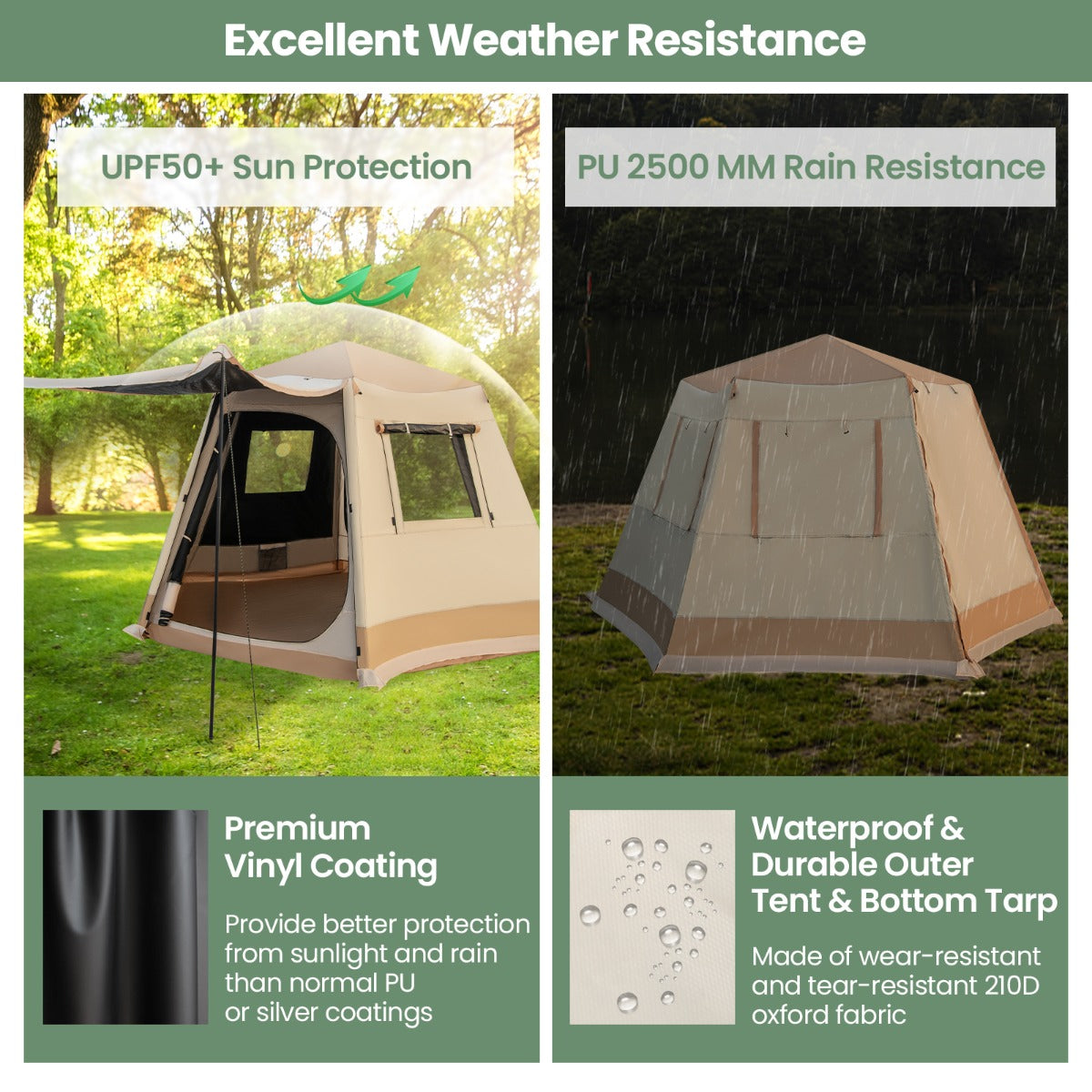 LIVSK Campingtent - Volledig Automatisch - Waterdicht Oxford-stof - Voor 4-6 Personen - Snelle Installatie - Beige