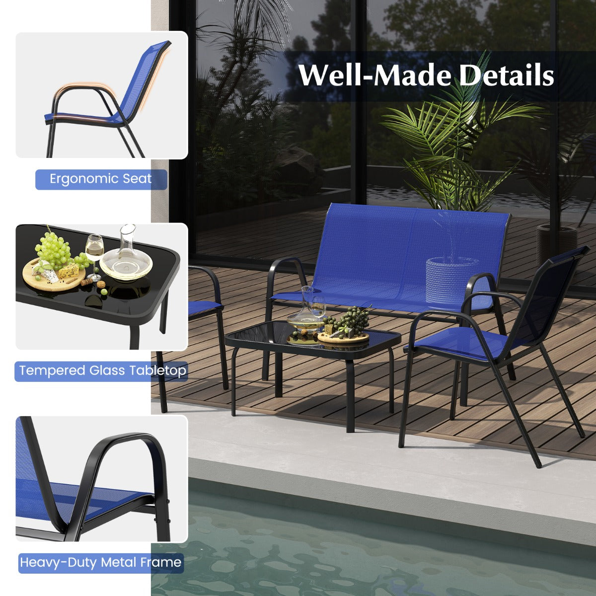 LIVSK Tuinpraatset - 2 Stoelen, Loveseat en Salontafel - Robuust Metaal - Hoogwaardige Stof - Tot 300 kg - Blauw