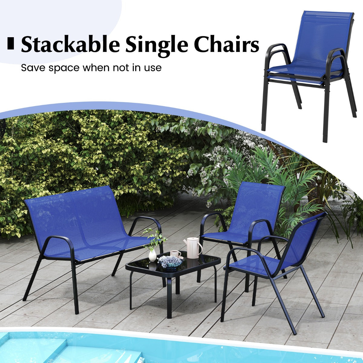LIVSK Tuinpraatset - 2 Stoelen, Loveseat en Salontafel - Robuust Metaal - Hoogwaardige Stof - Tot 300 kg - Blauw