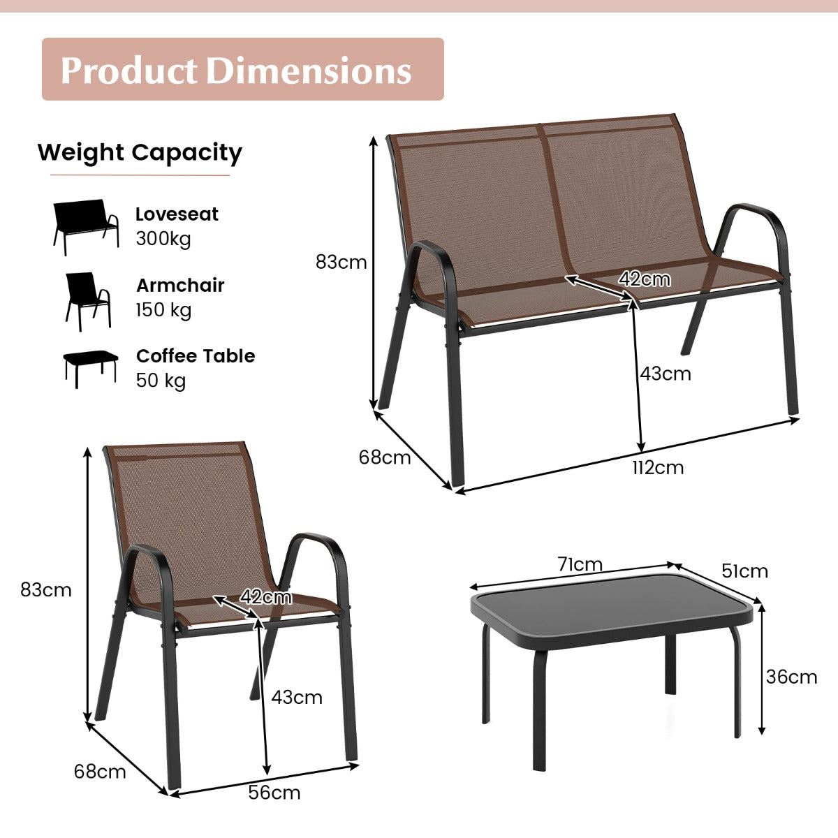 LIVSK Outdoor Loungeset - 2 Stoelen en Loveseat met Salontafel - Robuust Metaal - Sneldrogende Stof - Bruin