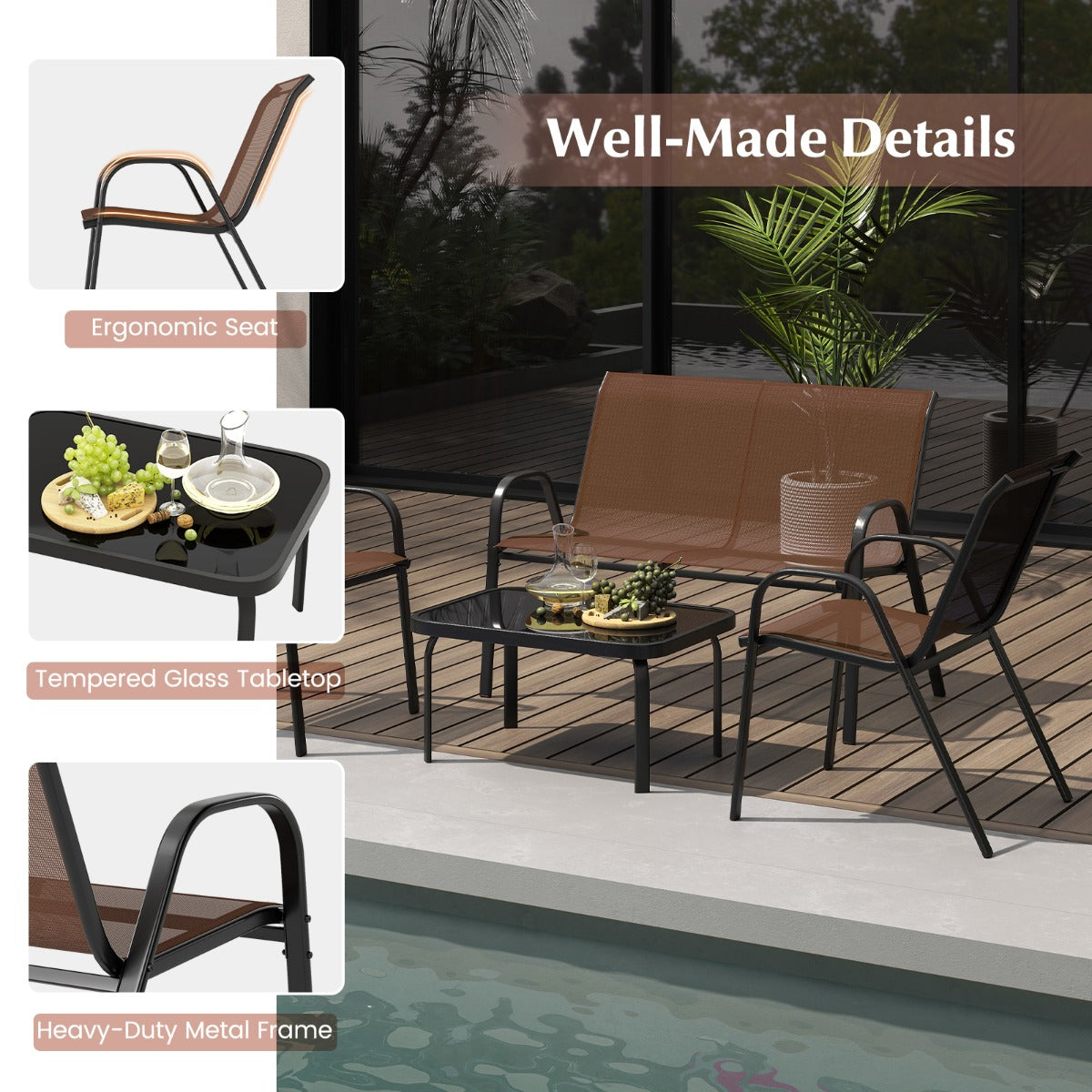 LIVSK Outdoor Loungeset - 2 Stoelen en Loveseat met Salontafel - Robuust Metaal - Sneldrogende Stof - Bruin