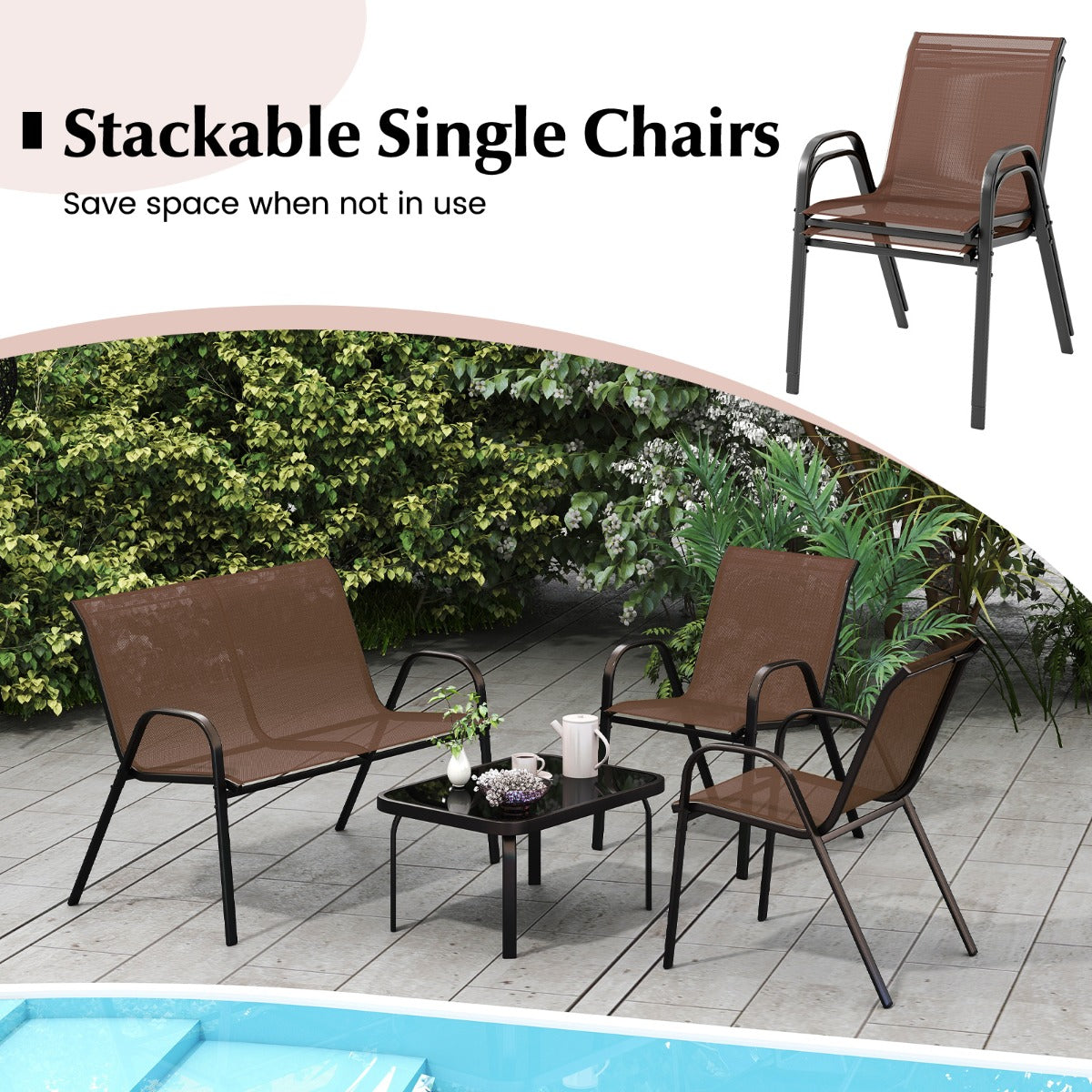 LIVSK Outdoor Loungeset - 2 Stoelen en Loveseat met Salontafel - Robuust Metaal - Sneldrogende Stof - Bruin