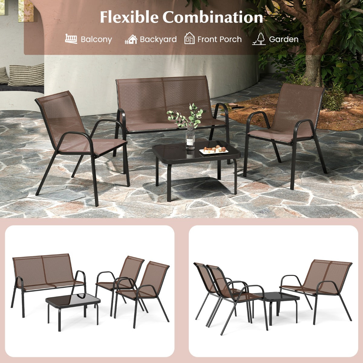 LIVSK Outdoor Loungeset - 2 Stoelen en Loveseat met Salontafel - Robuust Metaal - Sneldrogende Stof - Bruin
