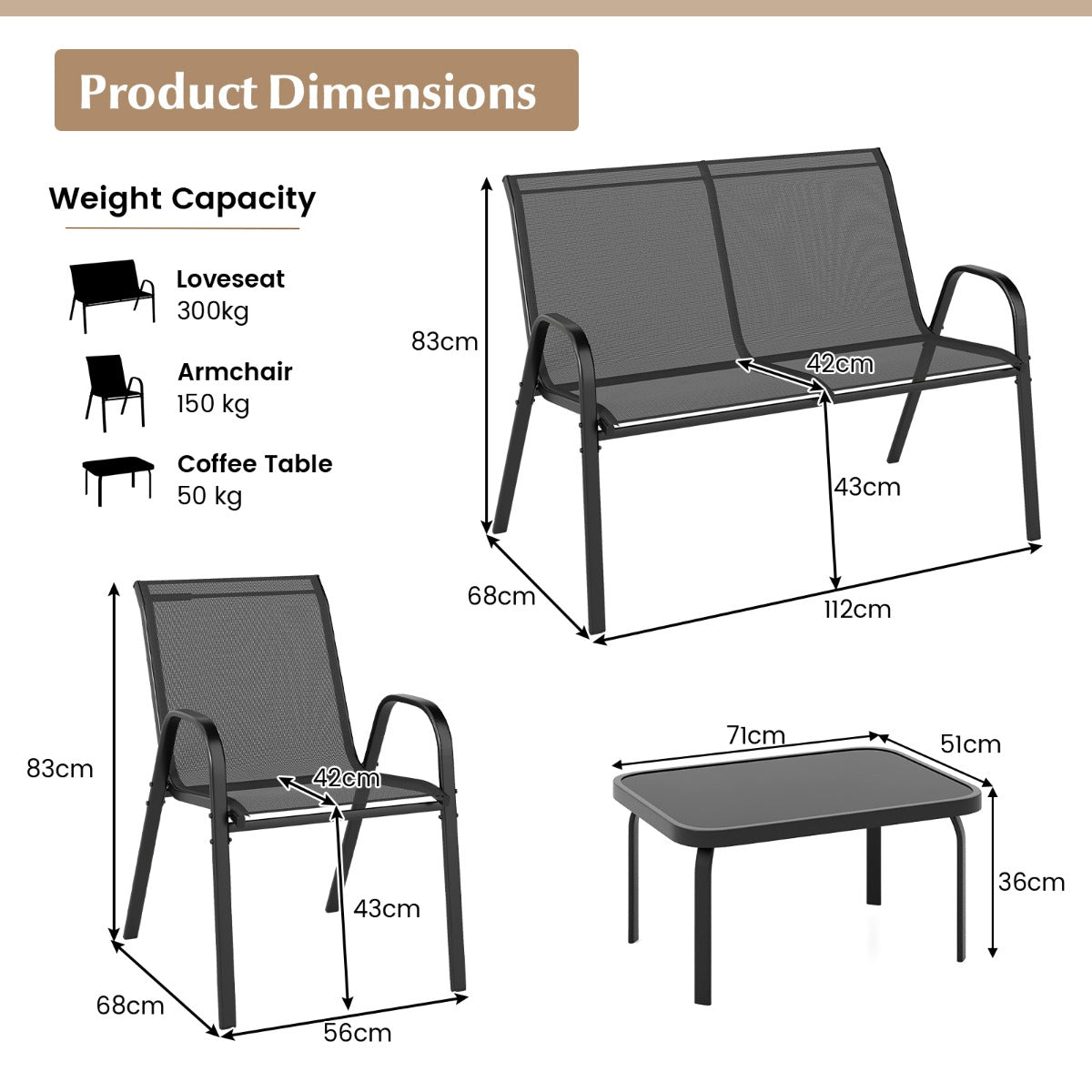 LIVSK Outdoor Loungeset - 2 Stoelen en Loveseat - Metalen Frame - Hoogwaardige Sneldrogende Stof - Gehard Glas Tafelblad - Grijs