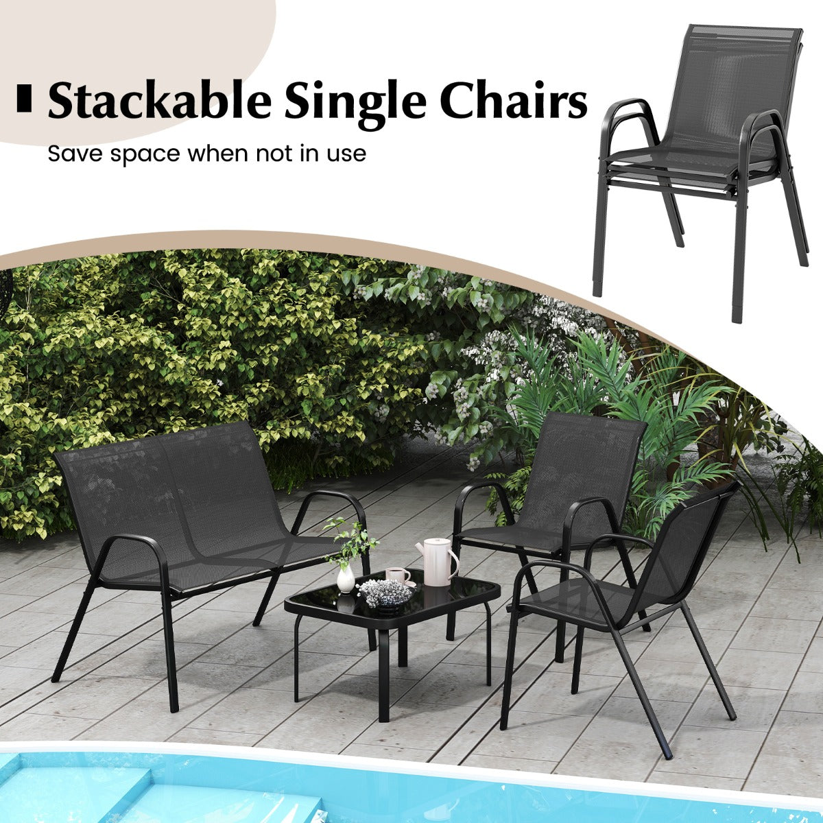 LIVSK Outdoor Loungeset - 2 Stoelen en Loveseat - Metalen Frame - Hoogwaardige Sneldrogende Stof - Gehard Glas Tafelblad - Grijs