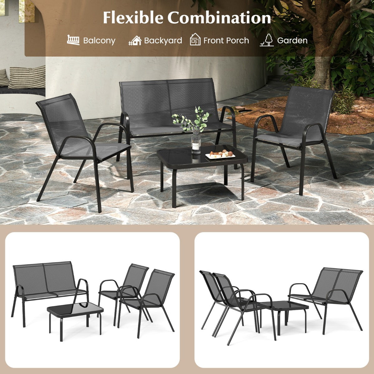 LIVSK Outdoor Loungeset - 2 Stoelen en Loveseat - Metalen Frame - Hoogwaardige Sneldrogende Stof - Gehard Glas Tafelblad - Grijs