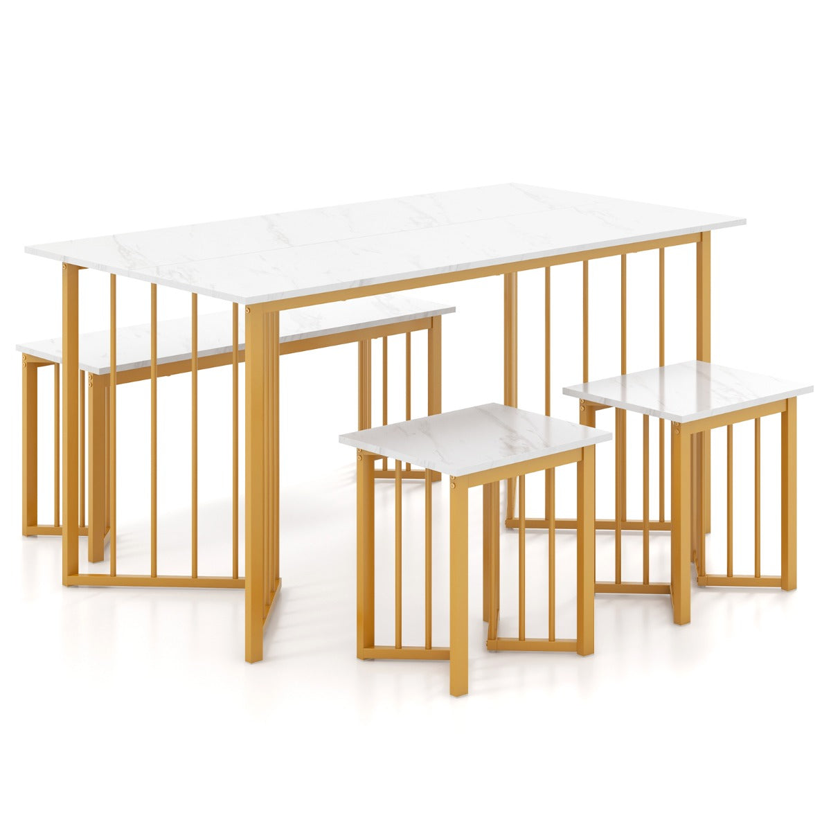 LIVSK 4-Delige Eettafelset voor 4 Personen - Inclusief 2-Persoonsbank en 2 Krukken - Gouden Metalen Poten - Marmerlook - 150 x 80