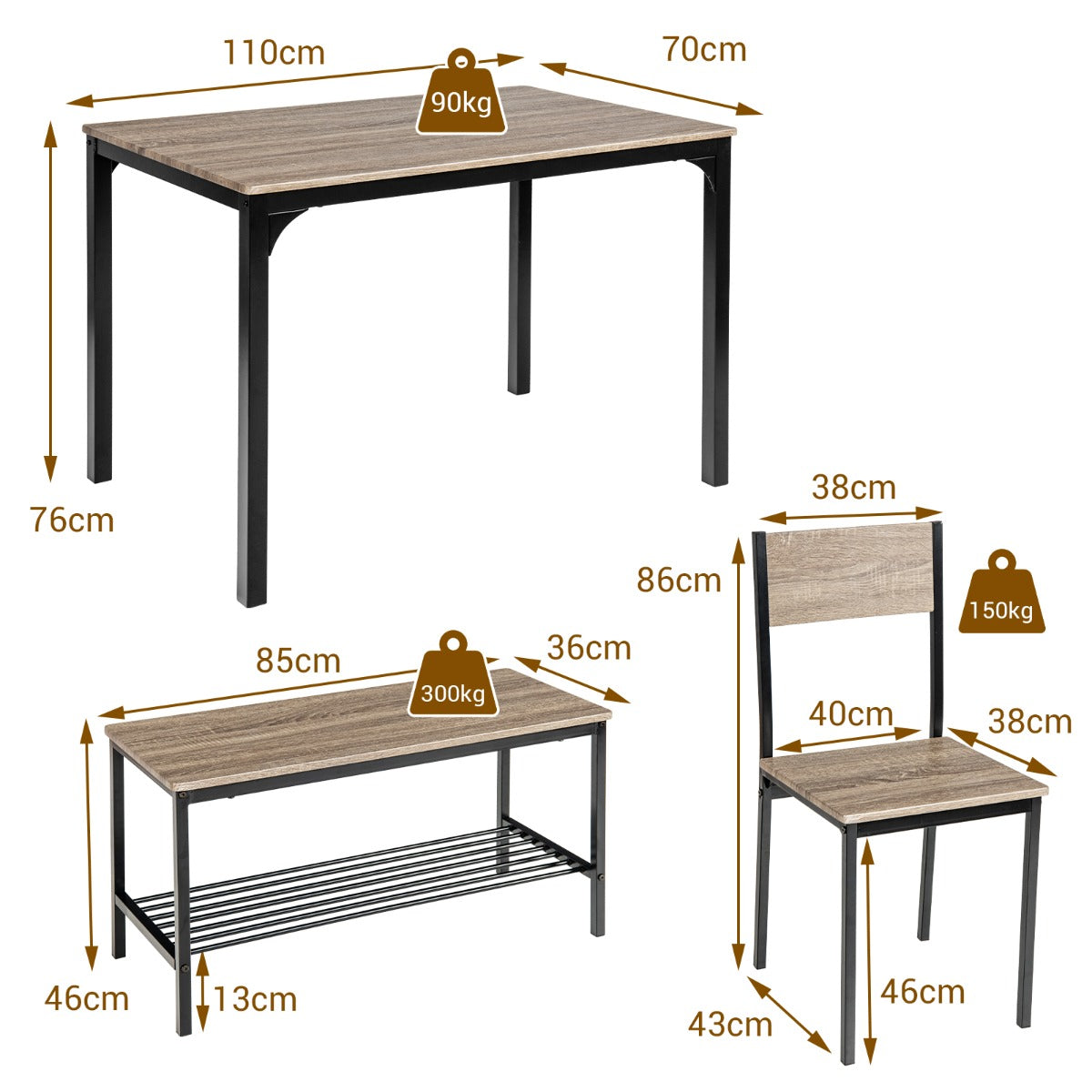 LIVSK Moderne Keukentafelset - 4-Delig met 2 Stoelen en 1 Bank - Ruimtebesparend - Duurzaam MDF - Voor 4 Personen - Grijs