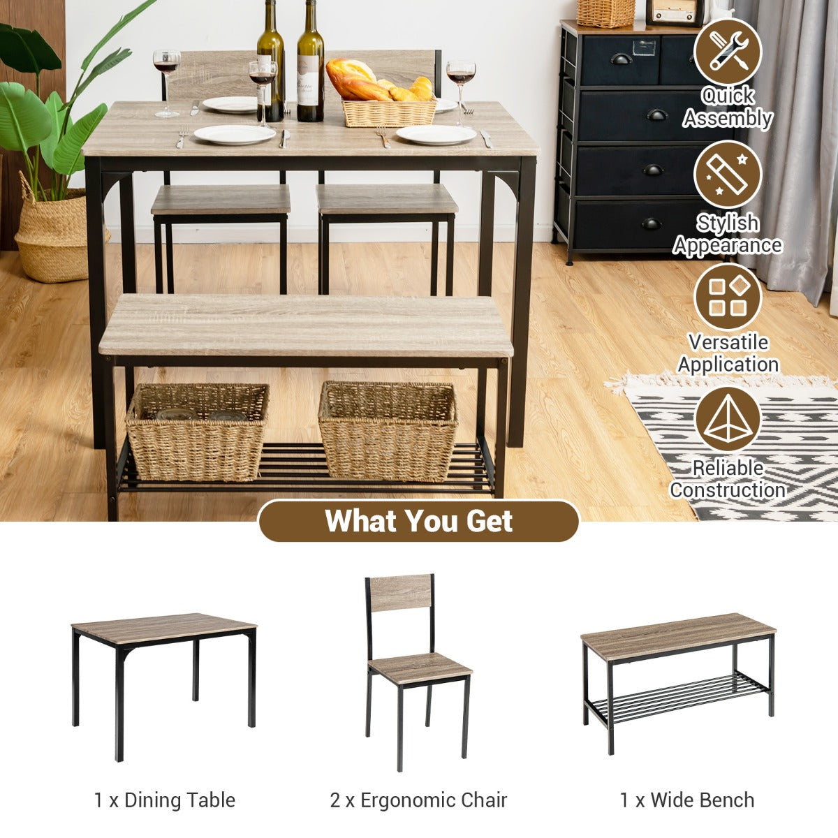 LIVSK Moderne Keukentafelset - 4-Delig met 2 Stoelen en 1 Bank - Ruimtebesparend - Duurzaam MDF - Voor 4 Personen - Grijs