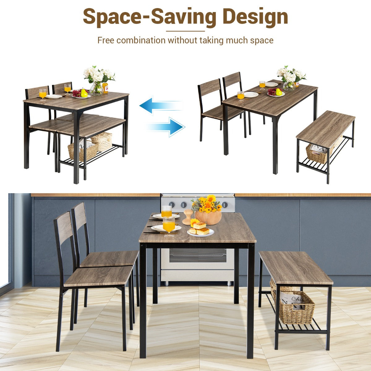 LIVSK Moderne Keukentafelset - 4-Delig met 2 Stoelen en 1 Bank - Ruimtebesparend - Duurzaam MDF - Voor 4 Personen - Grijs